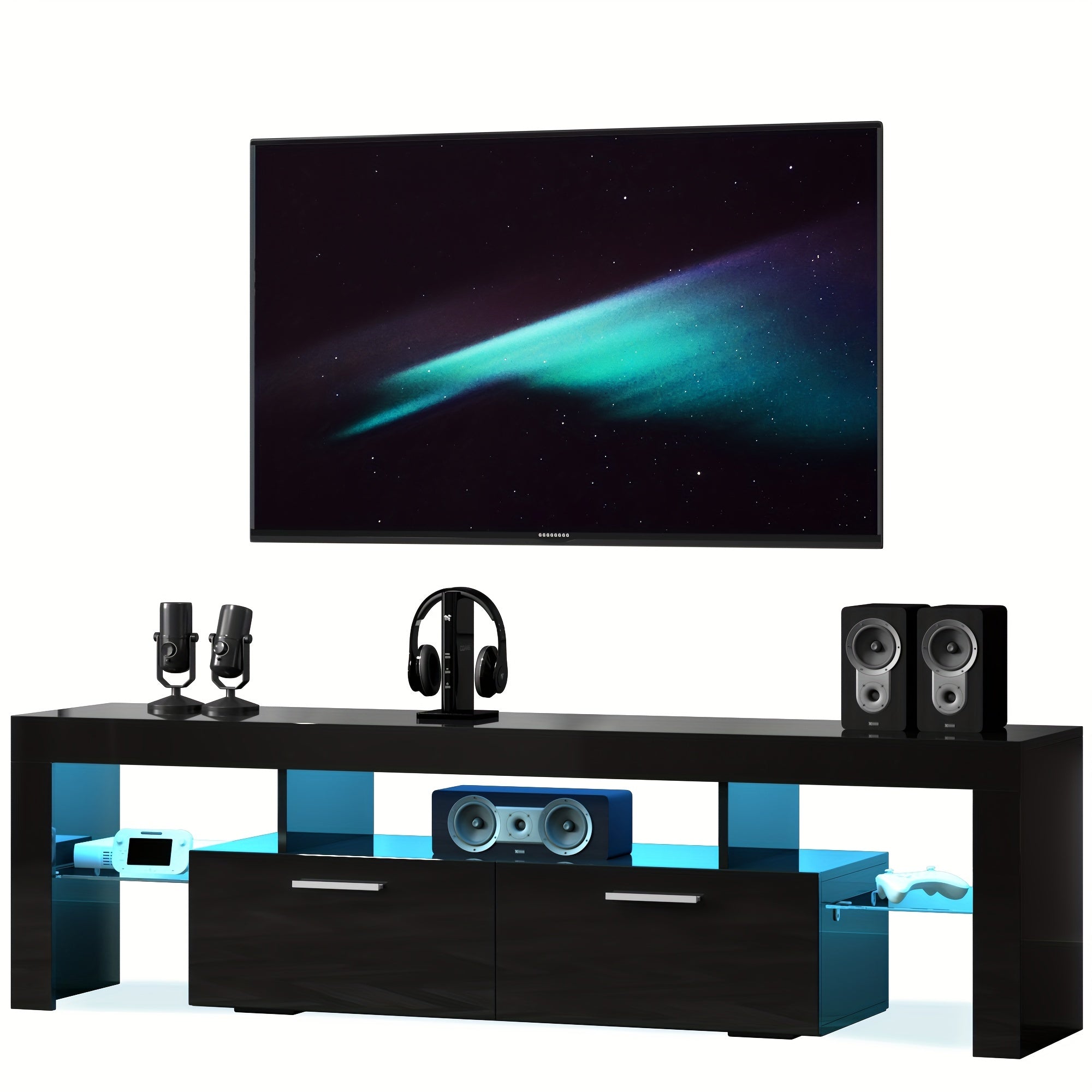 Modern LED 63 inch Long TV Stand for 65 70 75 Inch TV, Black and White Gaming Entertainment Center with Large Drawers and Light, Luxury High Glossy Television Table Center Media Console with Storage and Glass Shelves for Bedr