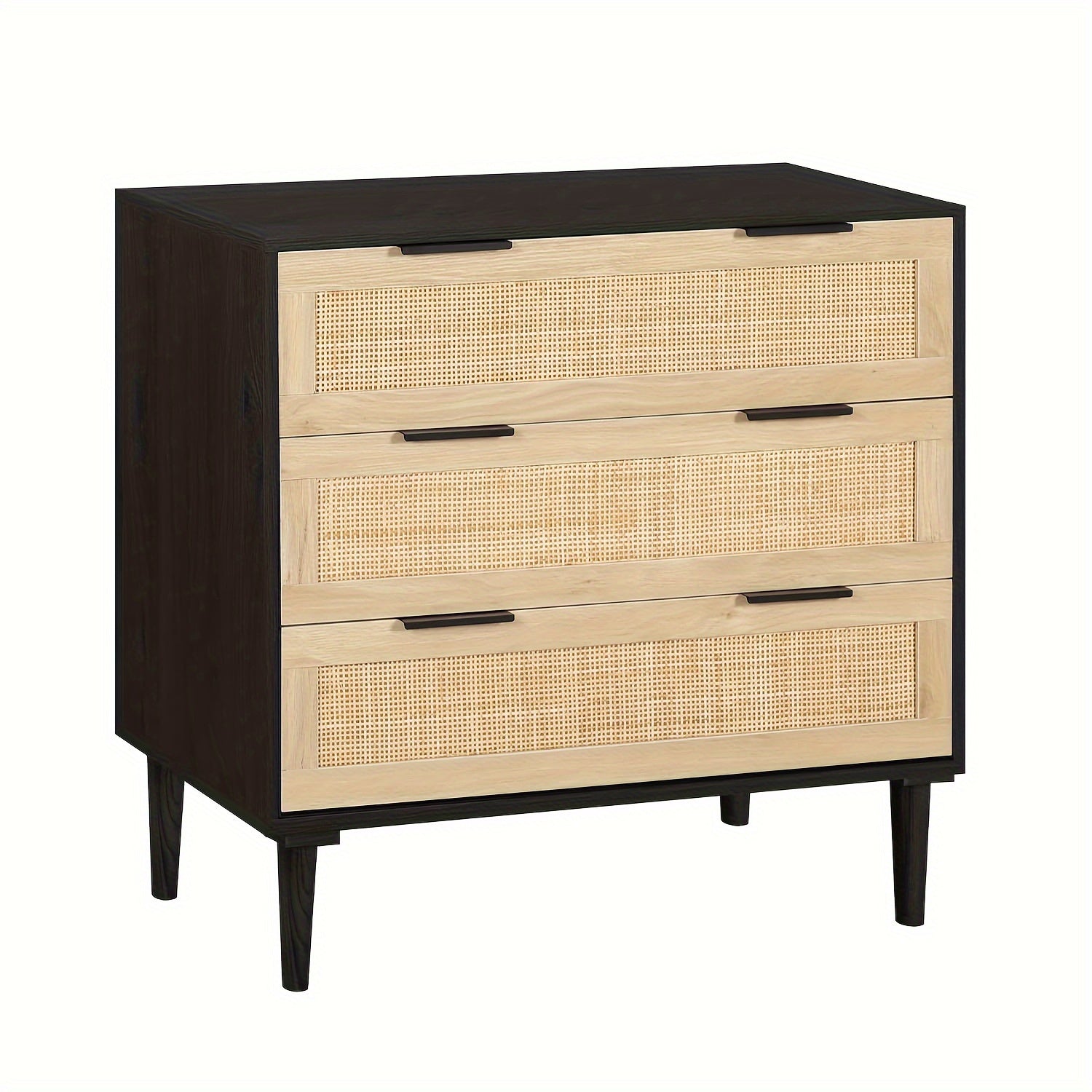 3 Drawer, Rattan Dresser Modern Closet Dressers Chest Of Drawers, Wood Black Storage Chest For Kids, Hallway, Living Room