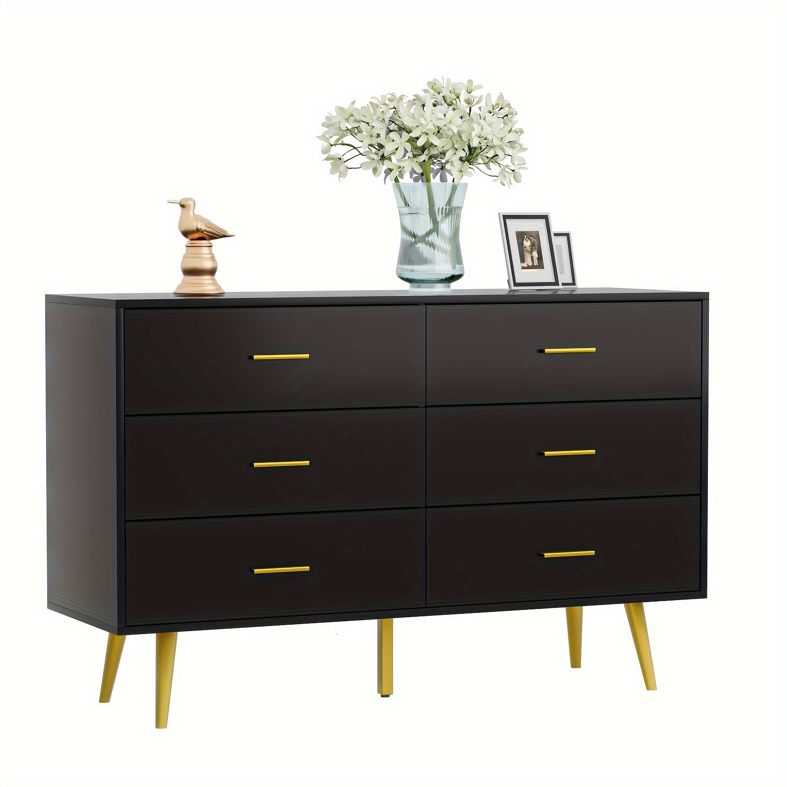 6-Drawer Dresser Modern Wooden Chest with Wide Drawers Golden Metal Handles Ample Storage ≥3.2 Cubic Feet Capacity