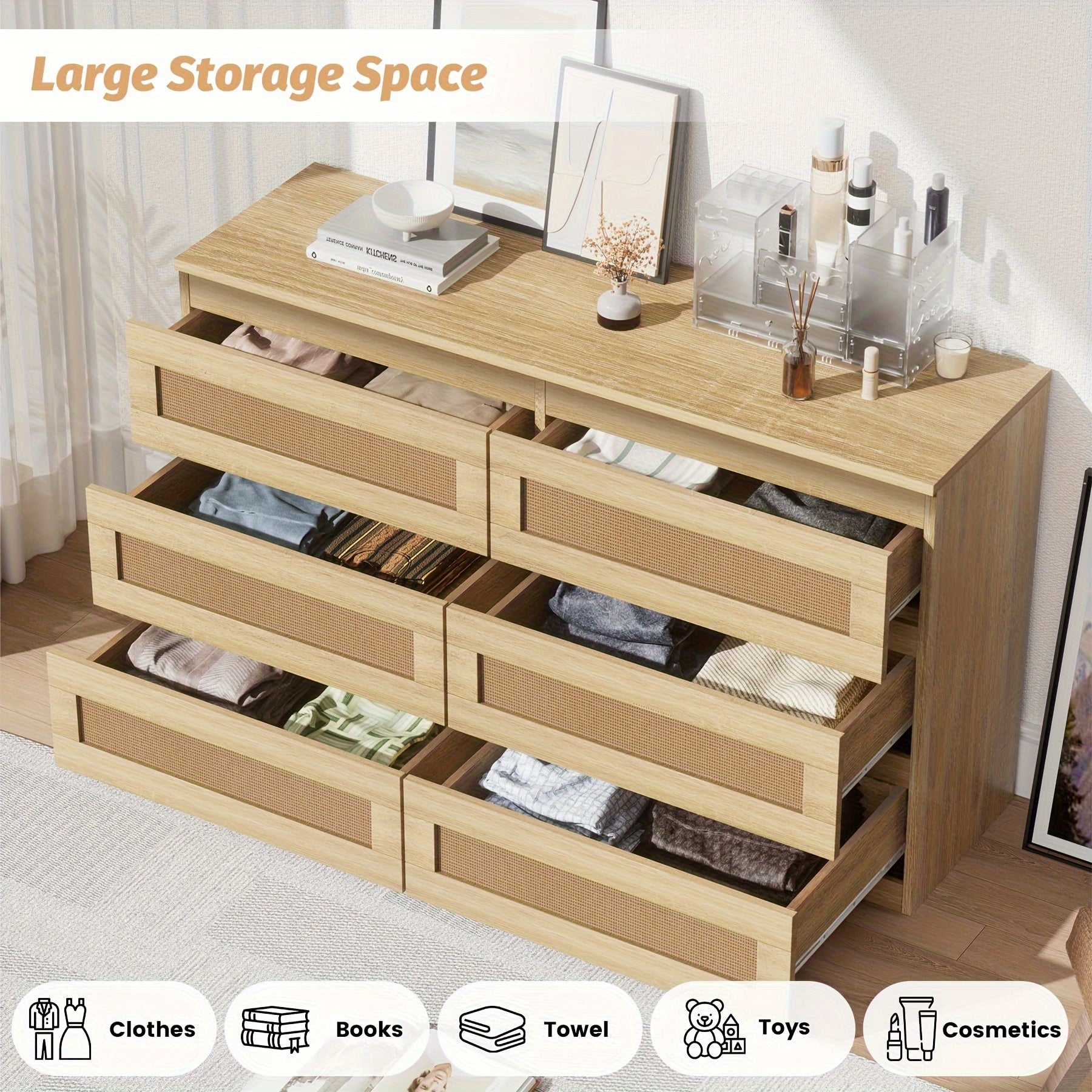 Rattan Dresser For Bedroom 6 Drawer Dresser For Bedroom Modern Wide Chest Of Drawers With Anti-Tip Kit & Smooth Slide
