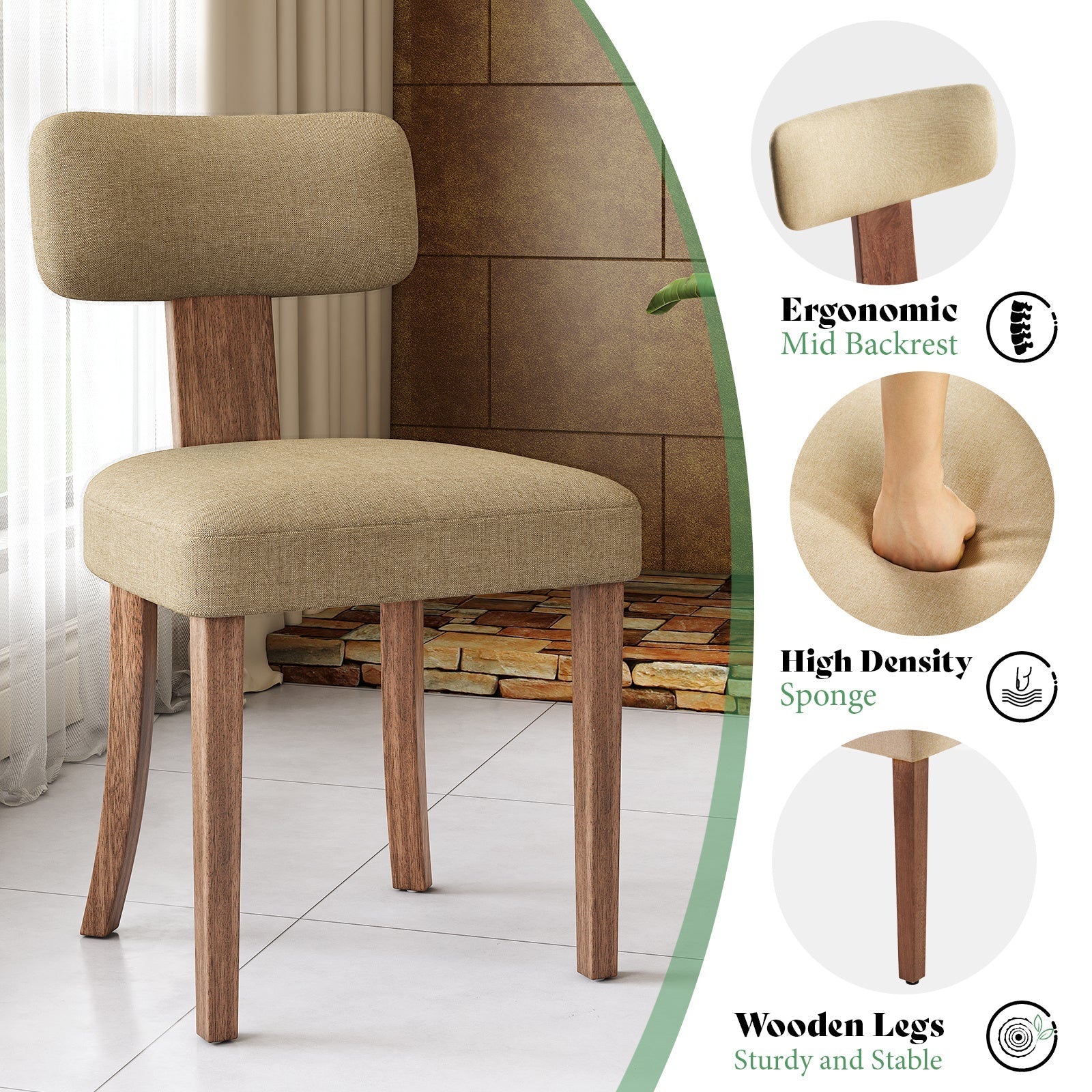 Modern Linen Dining Kitchen Chairs with Upholstered Curved Backrest & Seat, Chairs for Dining Table, Hardwood Frame