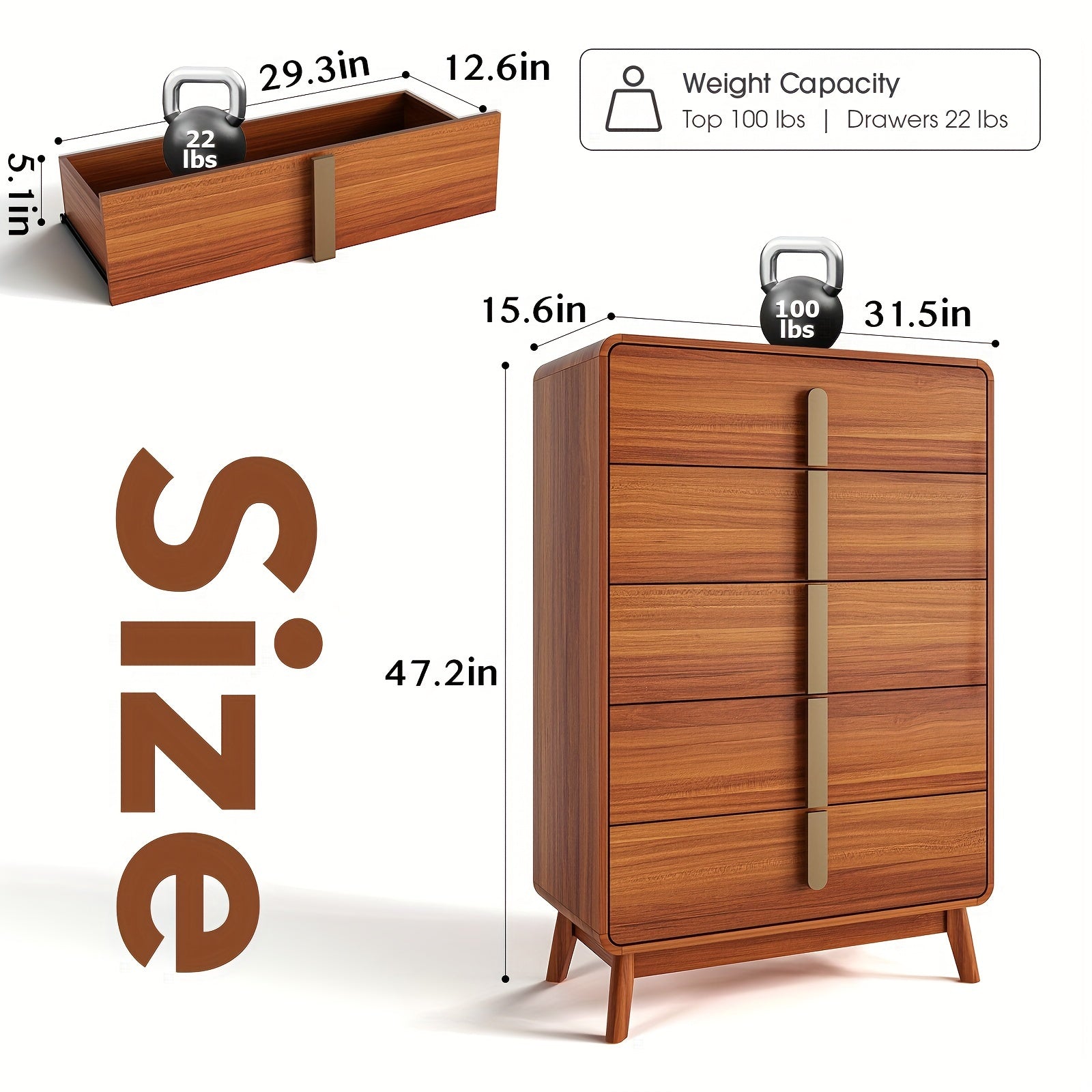 Mid-Century Modern 5/6 Drawer Dresser - Cherry Wood Finish 47.2’’ Tall with Metal Handles for Bedroom Living Room &