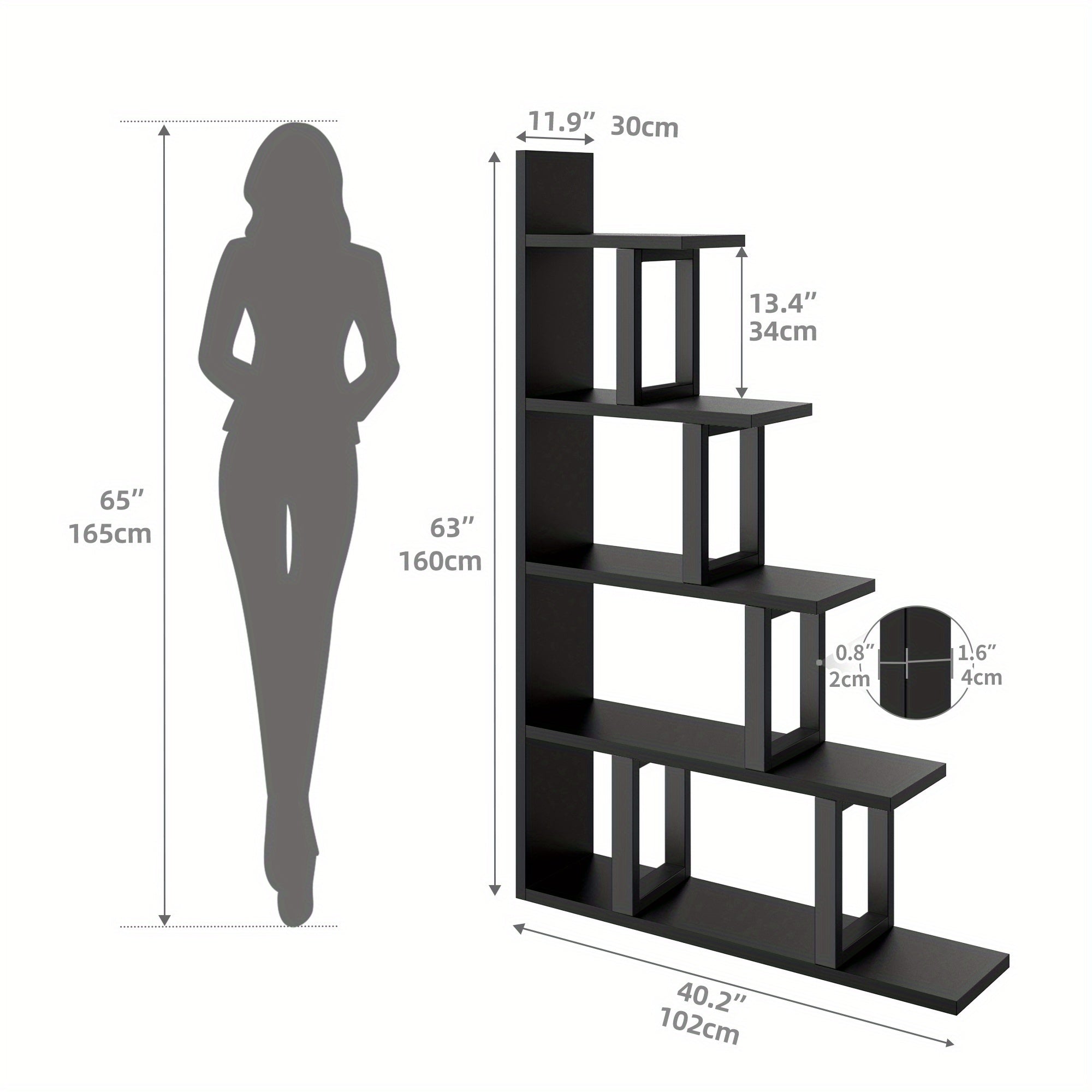 5- Shelf Bookshelf L- Shape Freestanding Ladder Corner Bookcase Display Rack Home - Black - Bookshelf Westberry