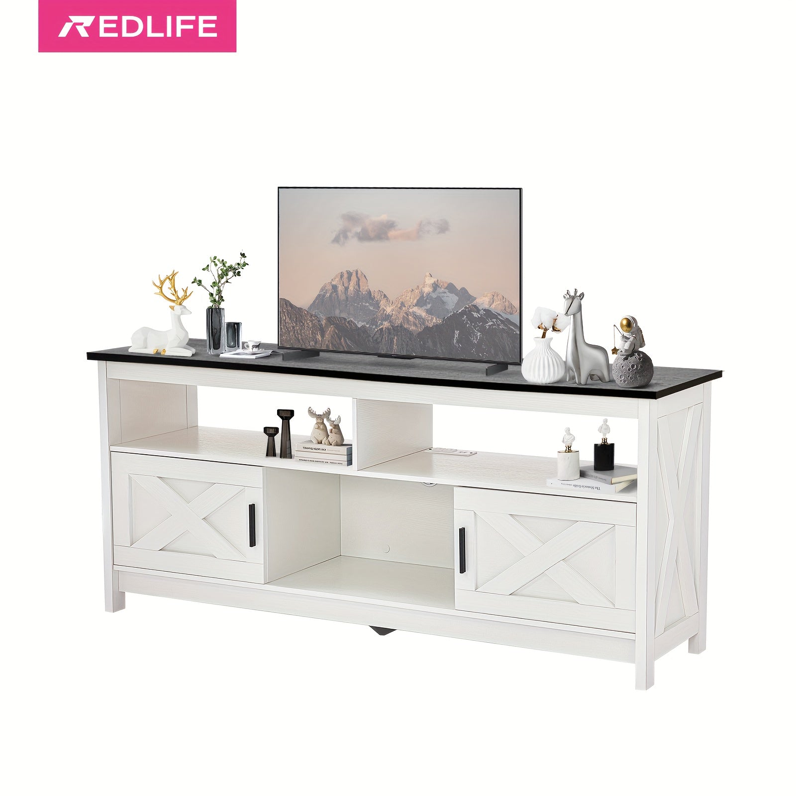 Rustic Farmhouse TV Stand for 50-65" TVs - Mid-Century Modern Entertainment Center with Ample Storage, Durable MDF Construction, and Real Wood Grain Accents