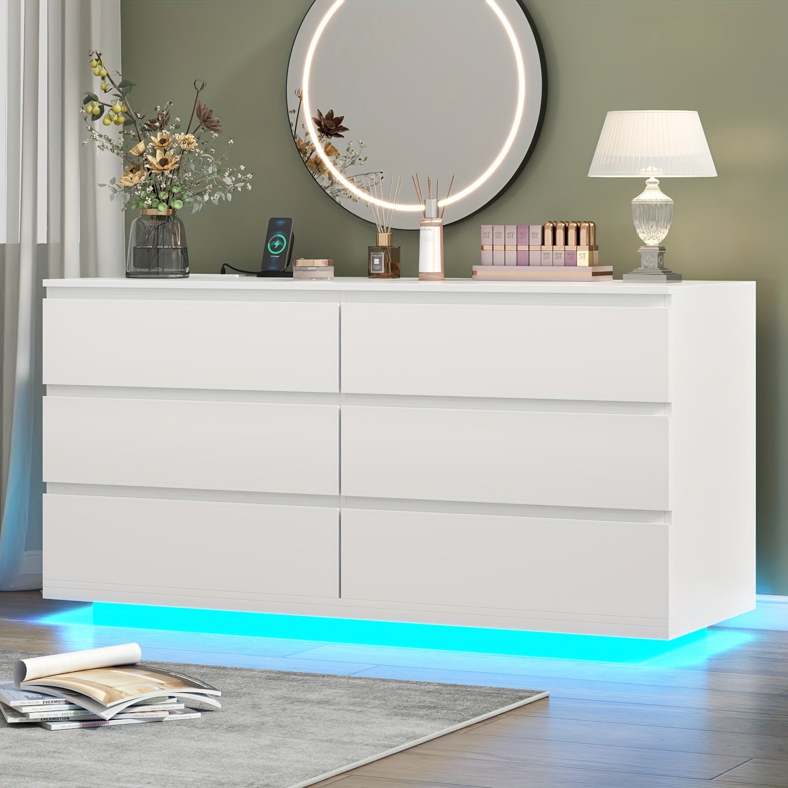 6 Drawer Dresser White Dresser with Power Outlet and LED Lights Floating Chest of Drawers for Living Room - White
