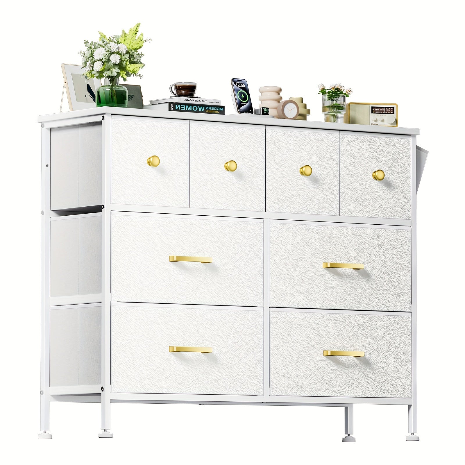 5/8/9 Drawers Dresser For Bedroom White Dresser With Fabric Drawers Chest Of Drawers With PU Finish Metal Handle