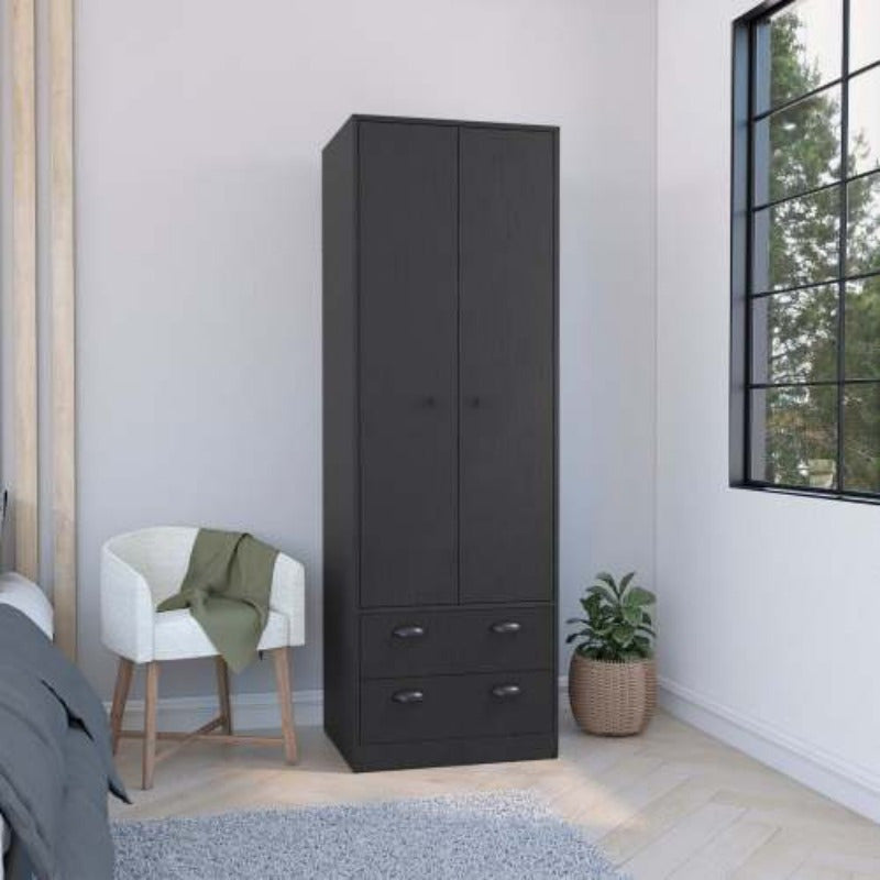 Black Armoire with 2 Drawers & Doors - Spacious Storage for Bedroom & Living Room, Durable & Stylish Furniture