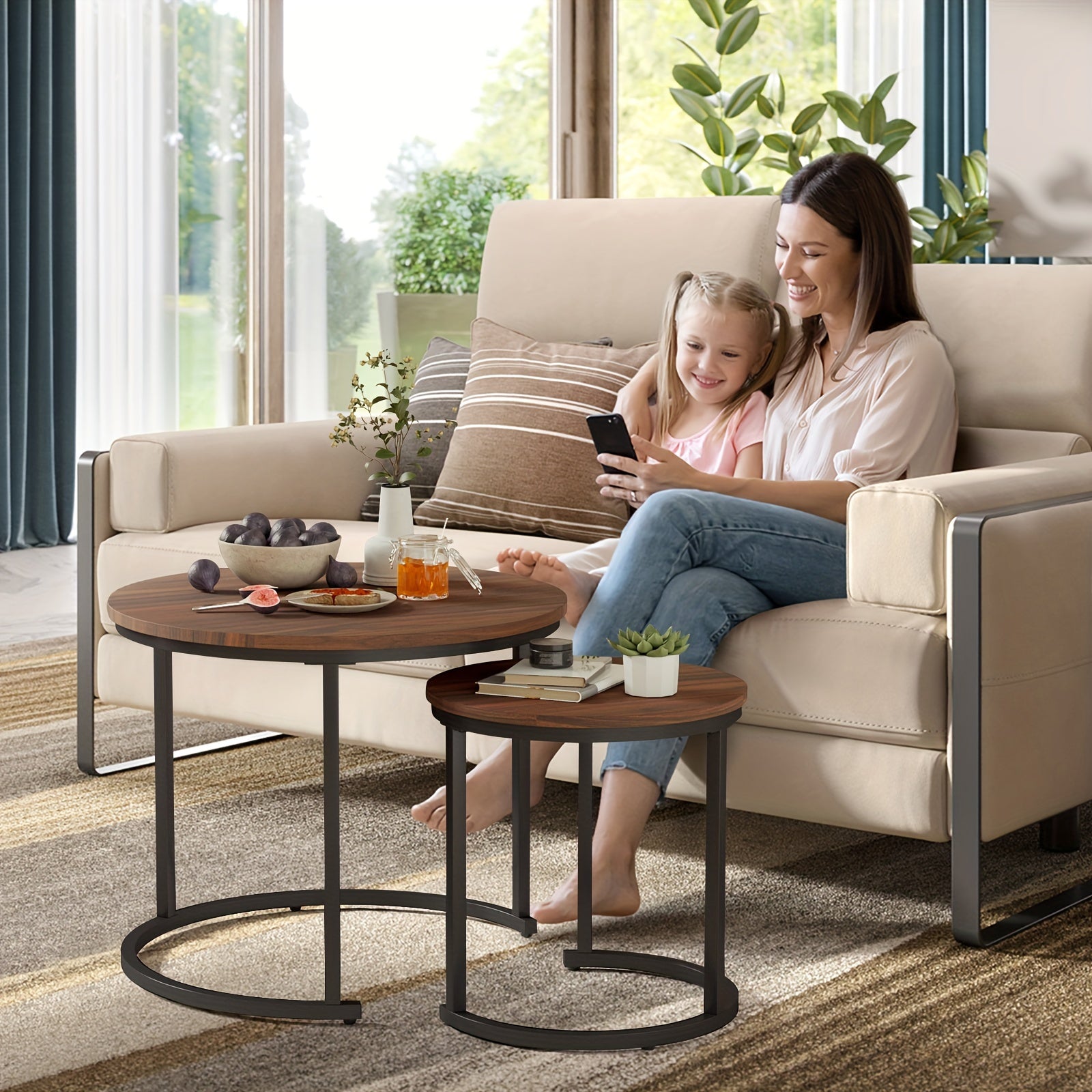 Coffee Tables for Living Room - Small Round Set of 2 Center Table with Solid Wood Grain Table Top and Sturdy Metal