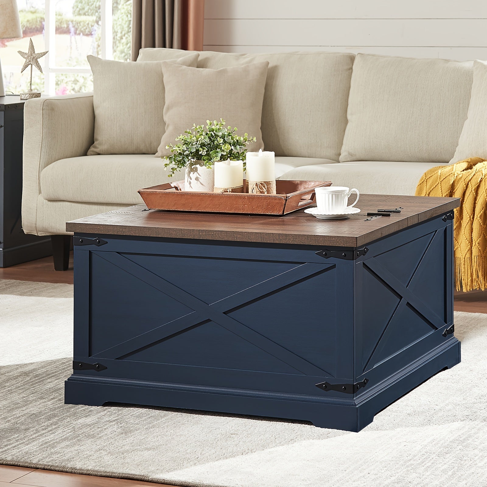 Rustic Farmhouse Square Coffee Table With Lift-Top & Hidden Storage, Wood Center Table With Large Hidden Storage Compartment For Living Room Or Bedroom