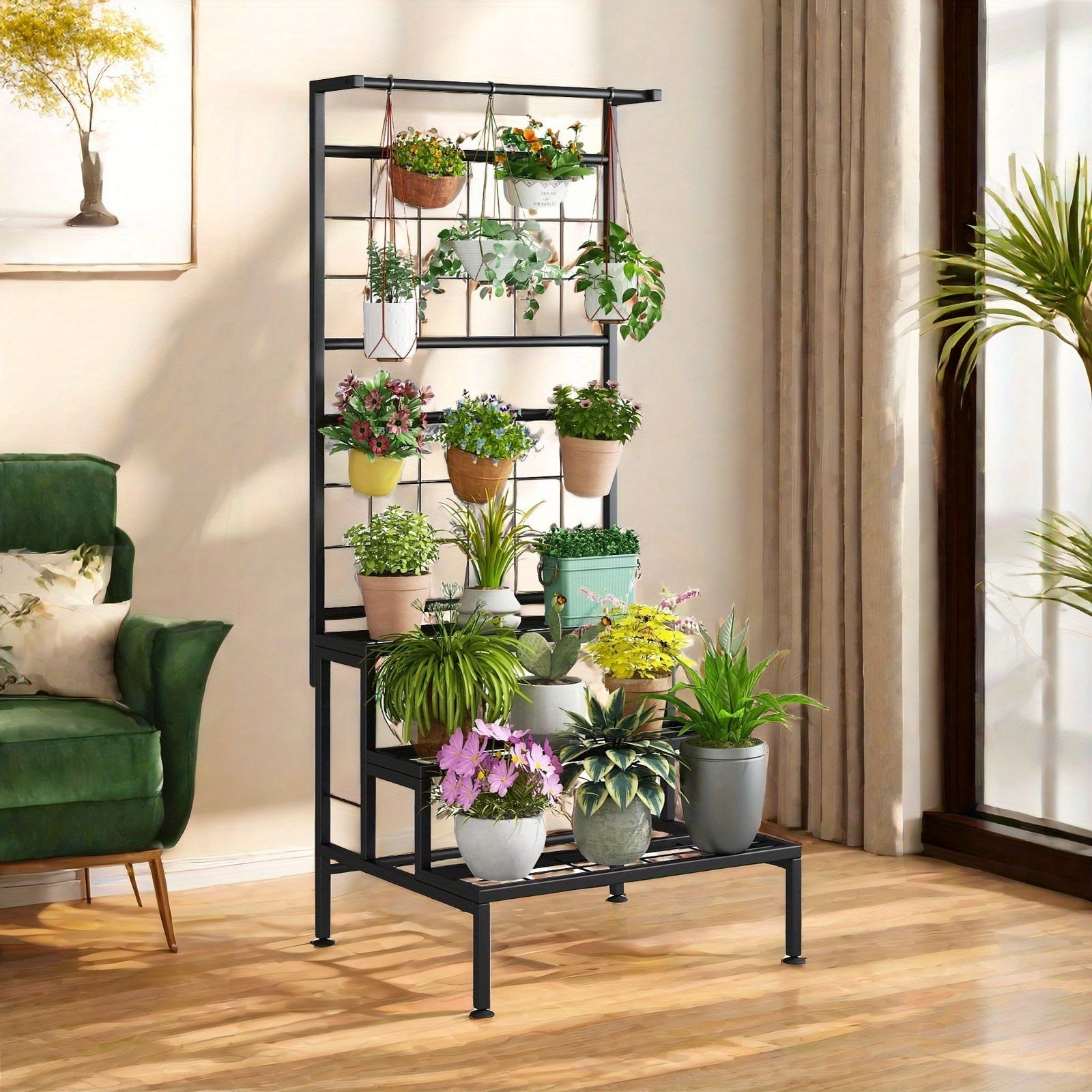 Plant Stand 3-Tier Hanging Shelves Flower Pot Organizer Multiple Flower Display Holder Indoor Outdoor Heavy Duty Potted Planter Rack Unit with Grid Panel, size 23.62 x 21.25 x 62.14 inches