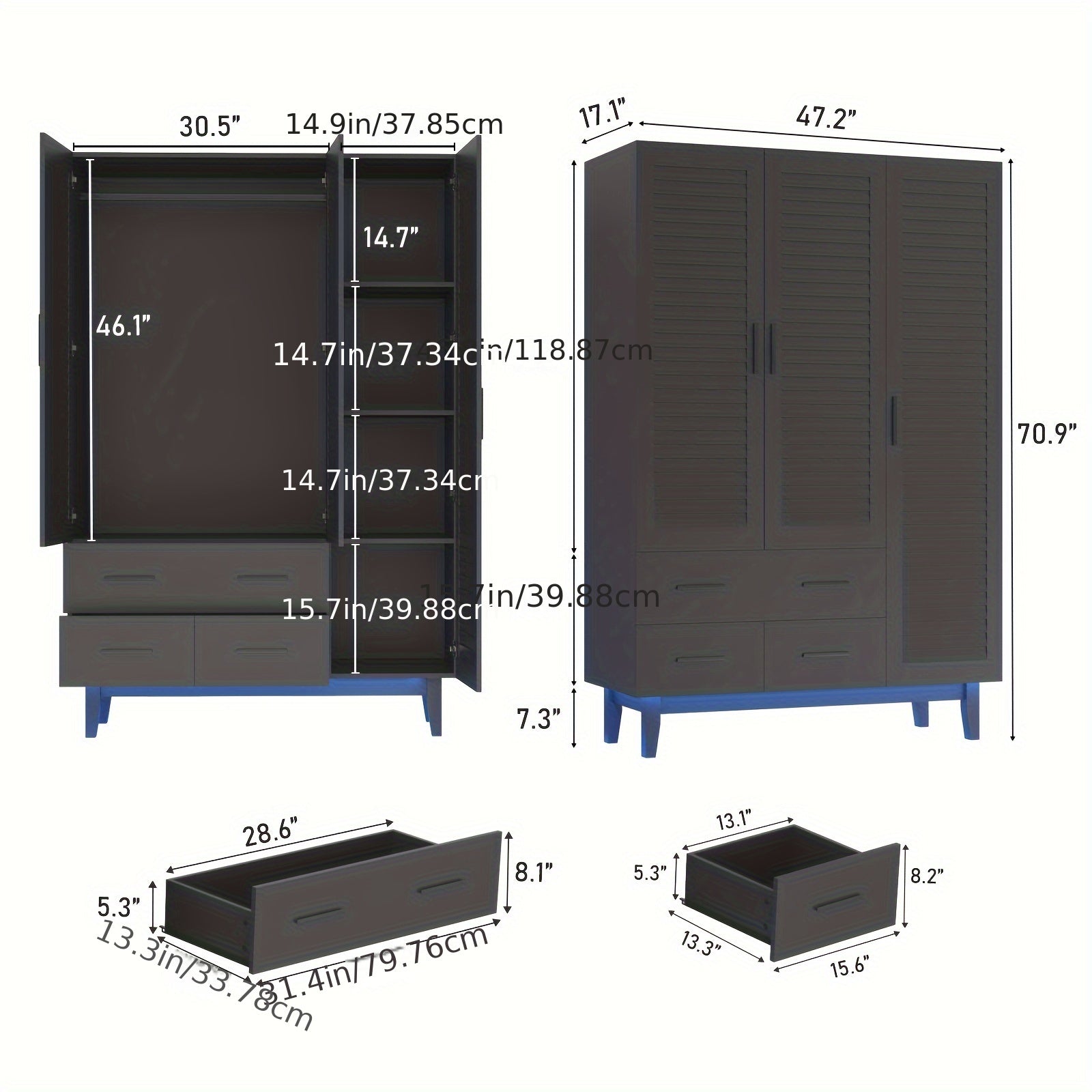 3 Door Armoire Wardrobe Closet Cabinet With Drawers And LED Lights, Multi-Tier Shelves, Hanging Rod & 3 Louver Doors, Large Capacity Storage Wardrobe Armoire For Bedroom, Black, White