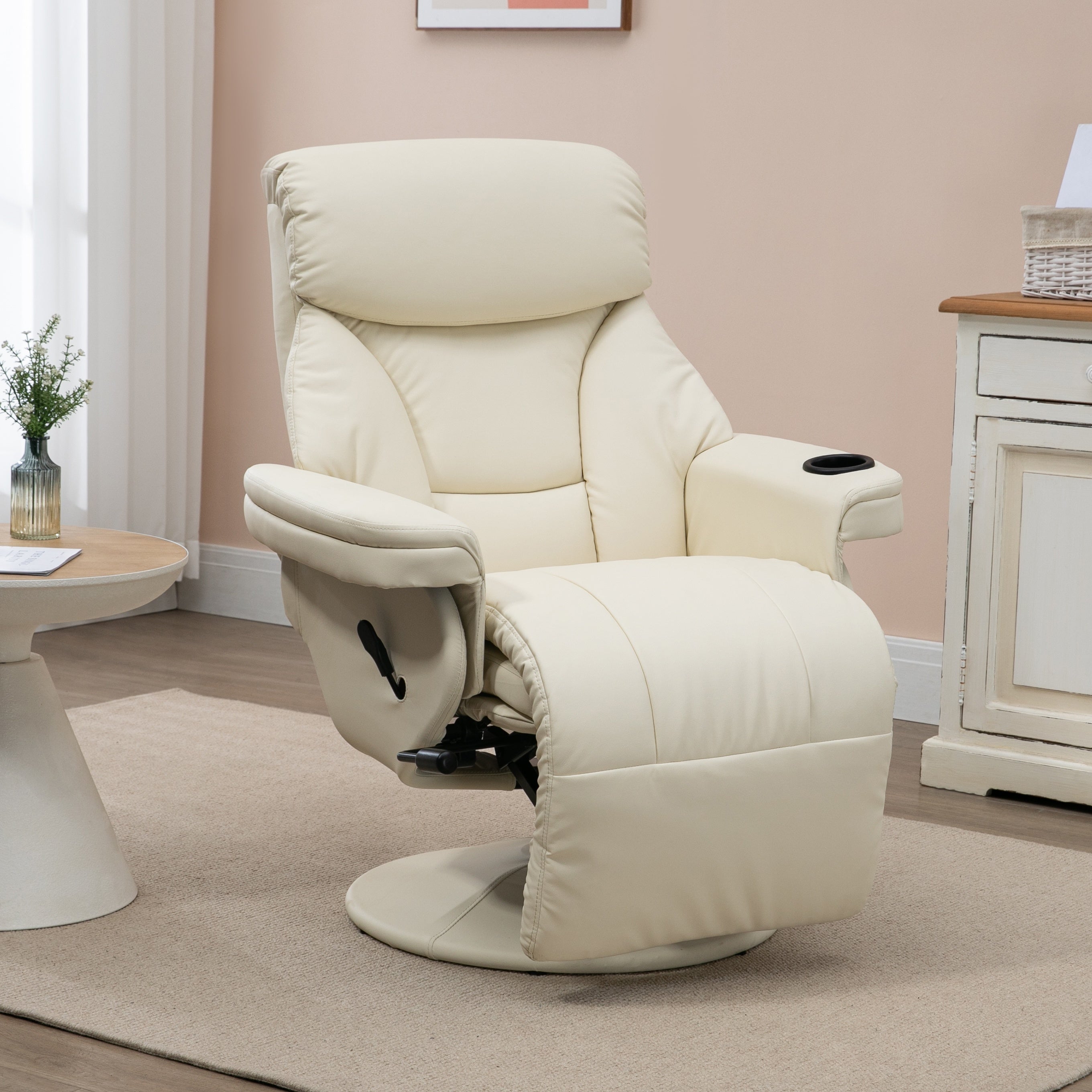 1pc Beige Manual Recliner Chair with Side Pocket, Swivel Lounge Armchair, Metal Frame, Upholstered Footrest and Cup Holder for Living Room Comfort