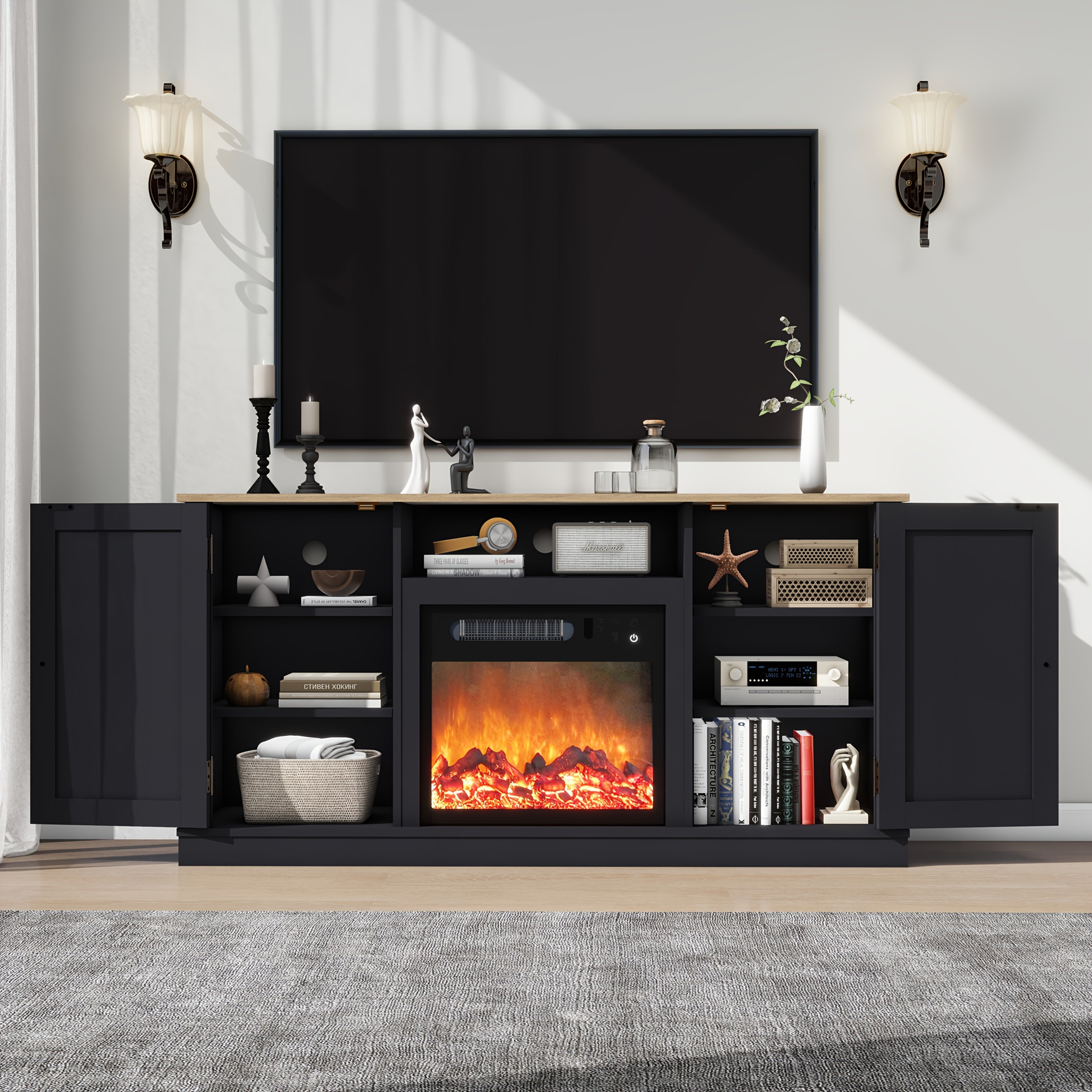 1pc Black Farmhouse 54" Entertainment Center with Electric Fireplace, TV Stand Console with Mantel, MDF Wood Construction, Barn Door Design, 110V US Plug, Easy Assembly, Storage <3.2 Cubic Feet