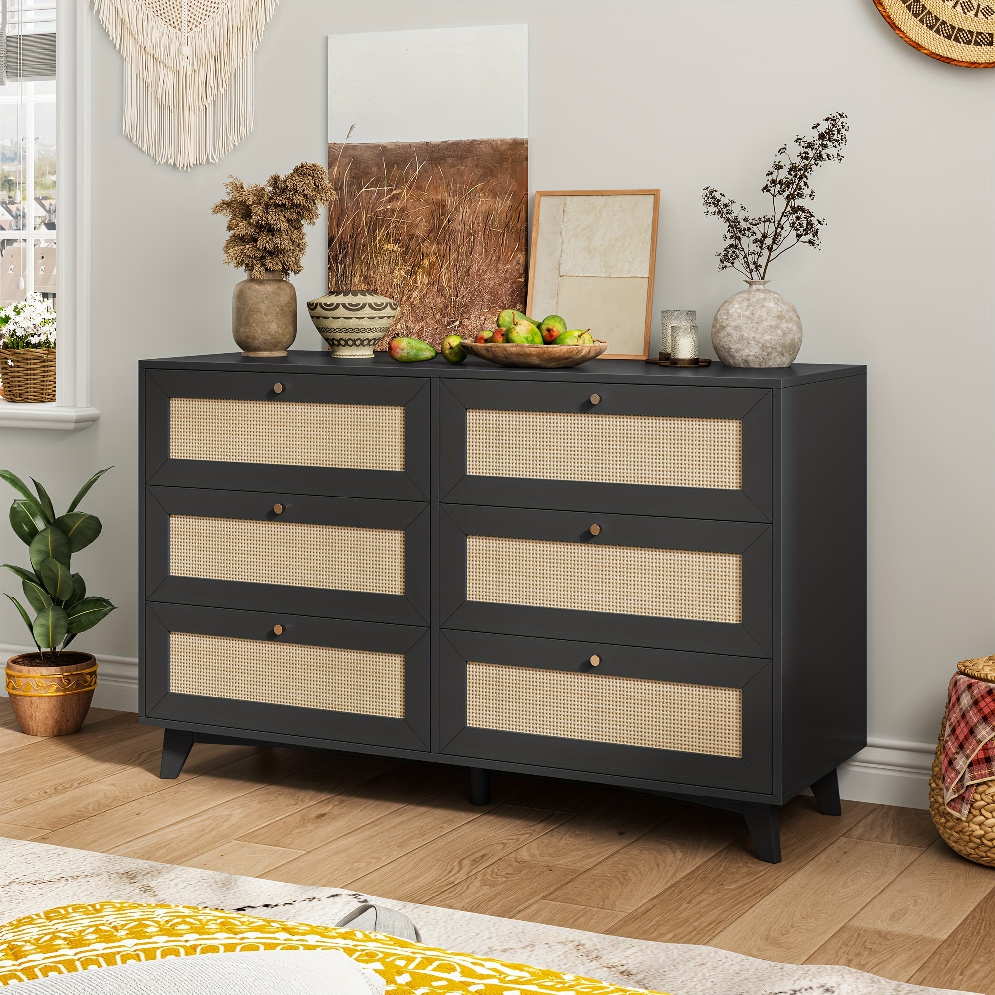 47.2'' Black Natural Rattan Dresser For Bedroom With 6 Drawers, Modern Double Wooden Wide Bedroom Dresser, Chest Of Drawers With Metal Handle & Solid Wood Legs For Bedroom/Living Room