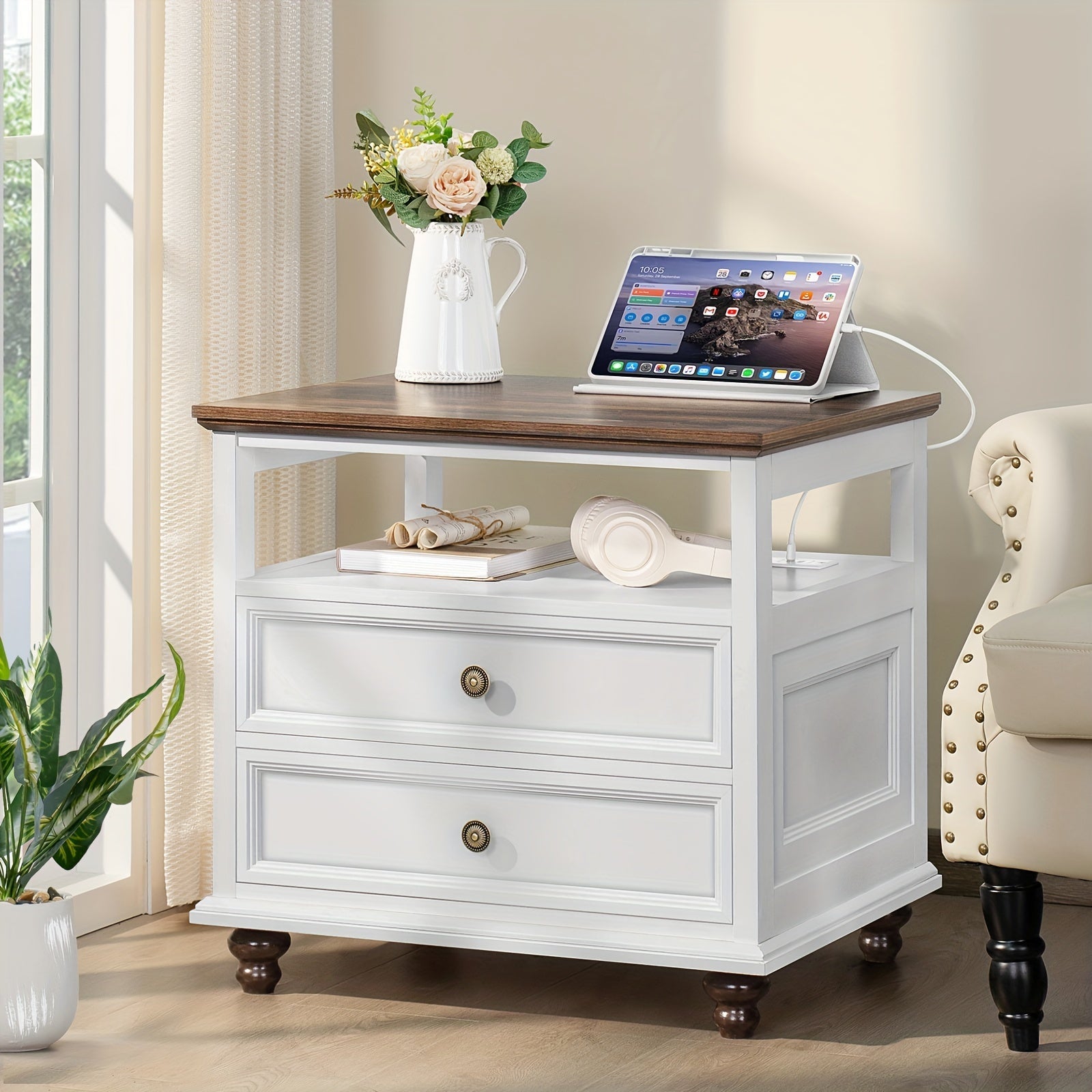 Farmhouse Nightstand With Charging Station, 23.6" Wide End Table With 2 Drawers, White Dresser For Bedroom, Bed Side Table Chest Of Drawers Cabinet, Wood Night Stand For Living Room, Closet