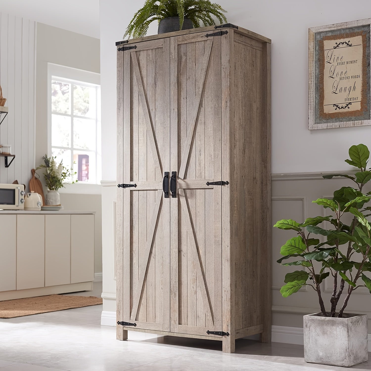 Storage Cabinet, 32'' Farmhouse Armoire W/Adjustable Shelves, Rustic Pantry W/2 Barn Doors & Hanging Rod, Versatile Storage For Kitchen, Bathroom, Laundry, Or Utility Room