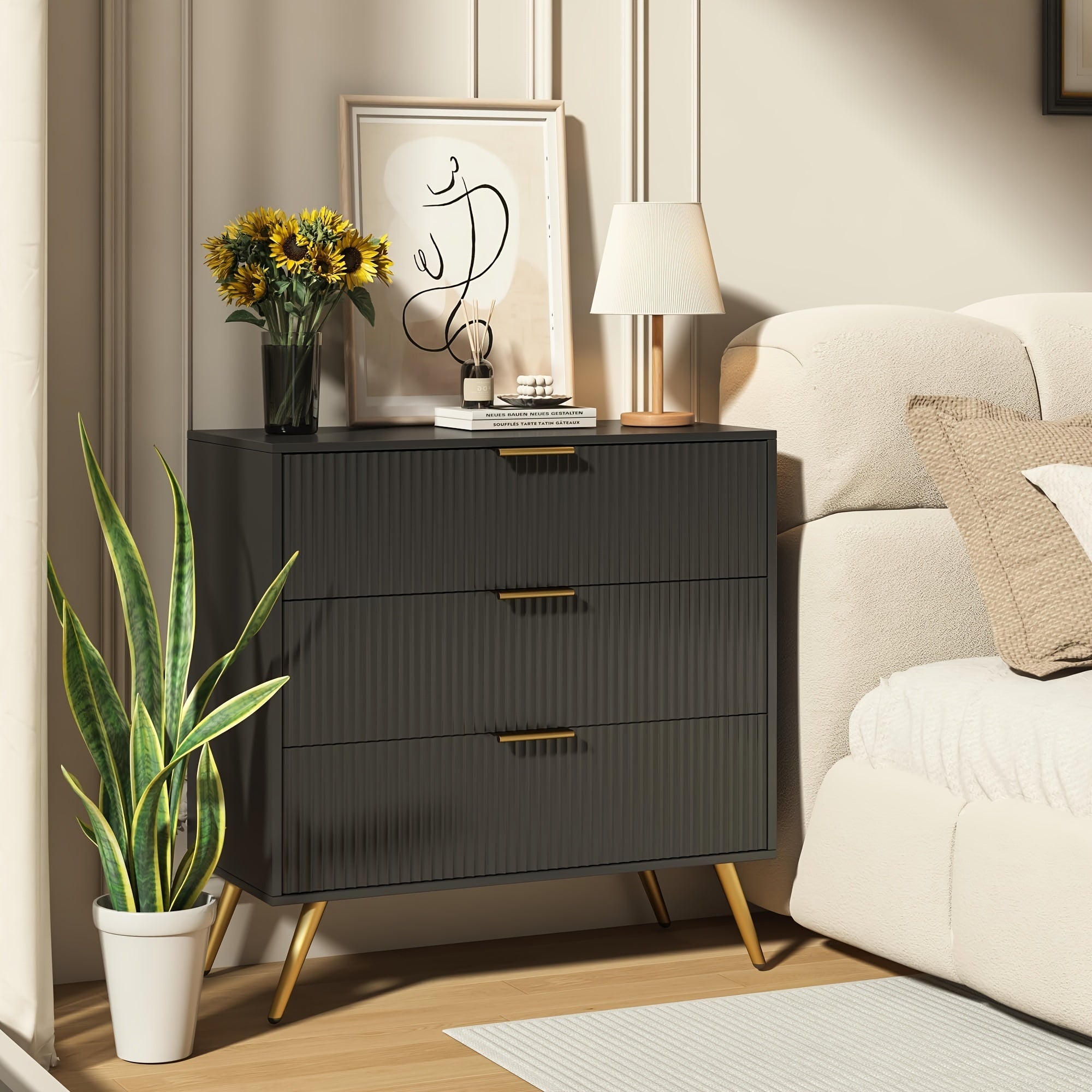 Fluted Accent 3 Drawer Dresser Mid Century Modern Chest of Drawers with Wide Drawers Metal Legs Storage Dressers Chest for Bedroom, Living Room