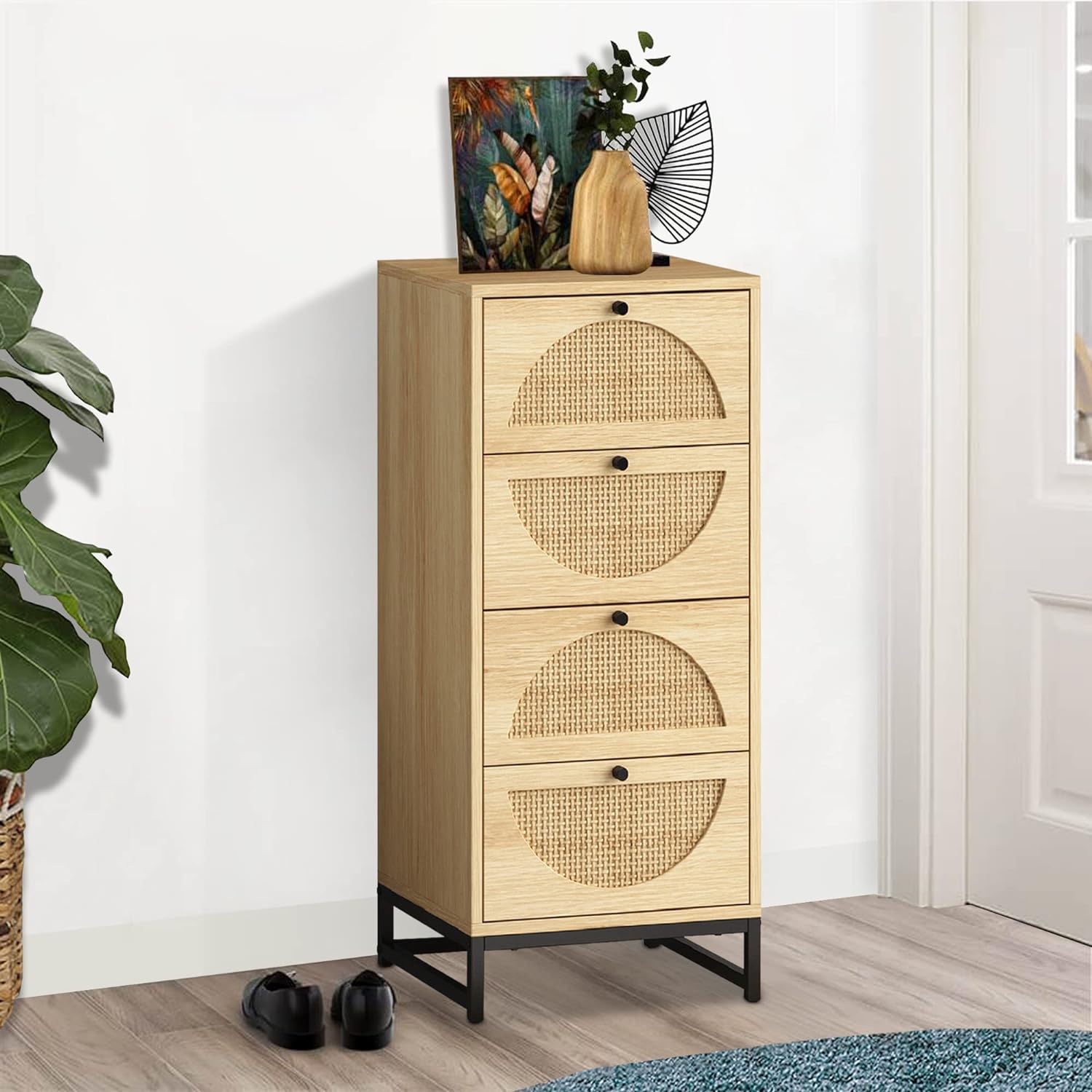 4 Drawer Chest Dresser, Rattan Tall Dresser 4 Chest of Drawers for Bedroom, Boho Clothes Storage Tower with Metal Base, Large Nightstand Sets for Living Room, Hallway, Nursery, Entryway