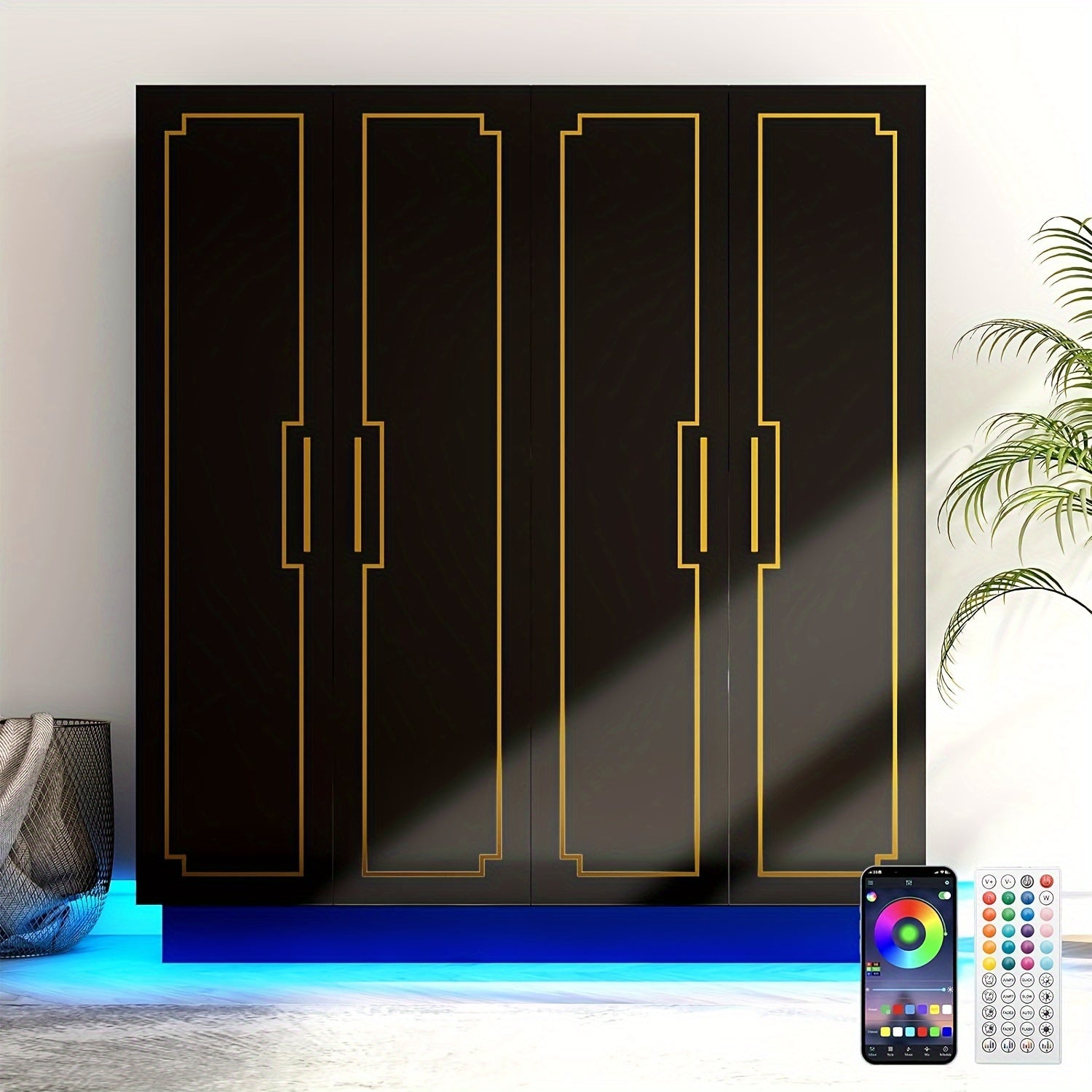 70in LED 4 Doors Armoires Wardrobe Closet&Cabinet With Metal Hanging Rod, Freestanding Bedroom White Tall Armoires With RGB LED 60000-color Lights For Bedroom Office Clothes Organizer Freestanding Bedroom Black Tall Armoires