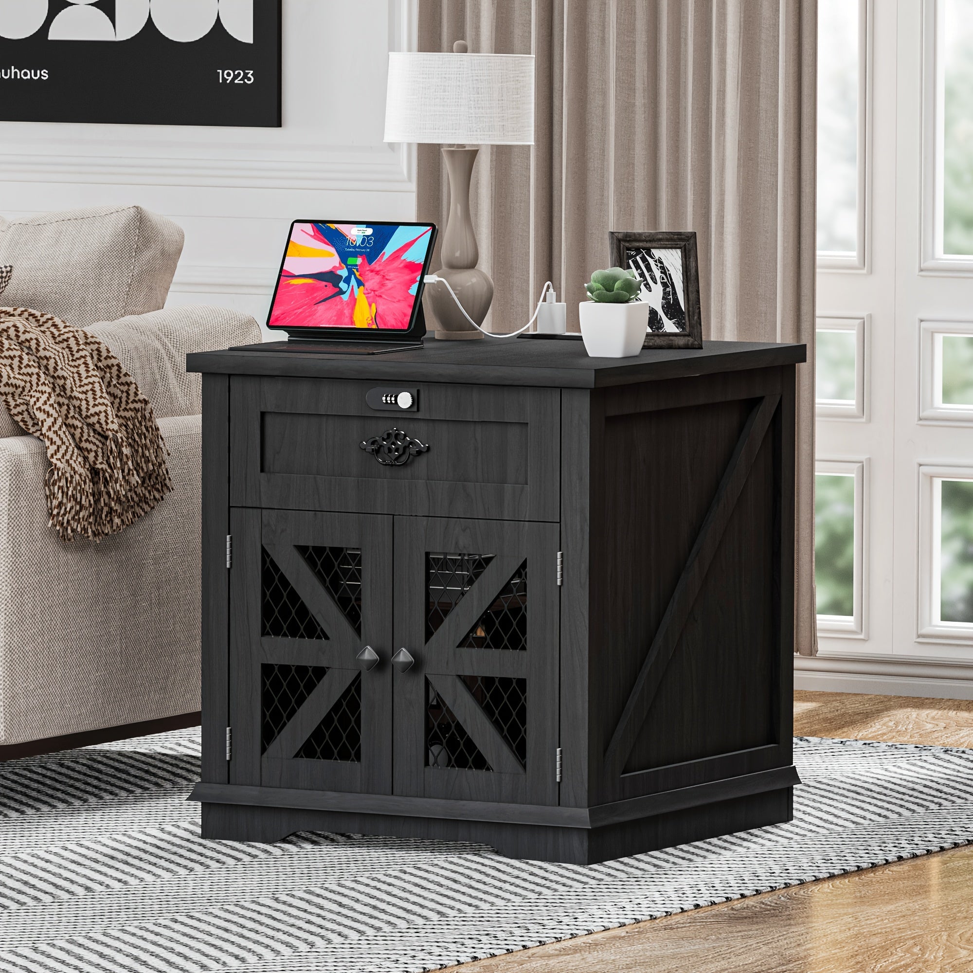 Chic 24" Farmhouse Nightstand with Charging Station - Black Metal Wire Mesh Barn Door Design, Adjustable Storage Shelves, Perfect for Bedroom & Living Room