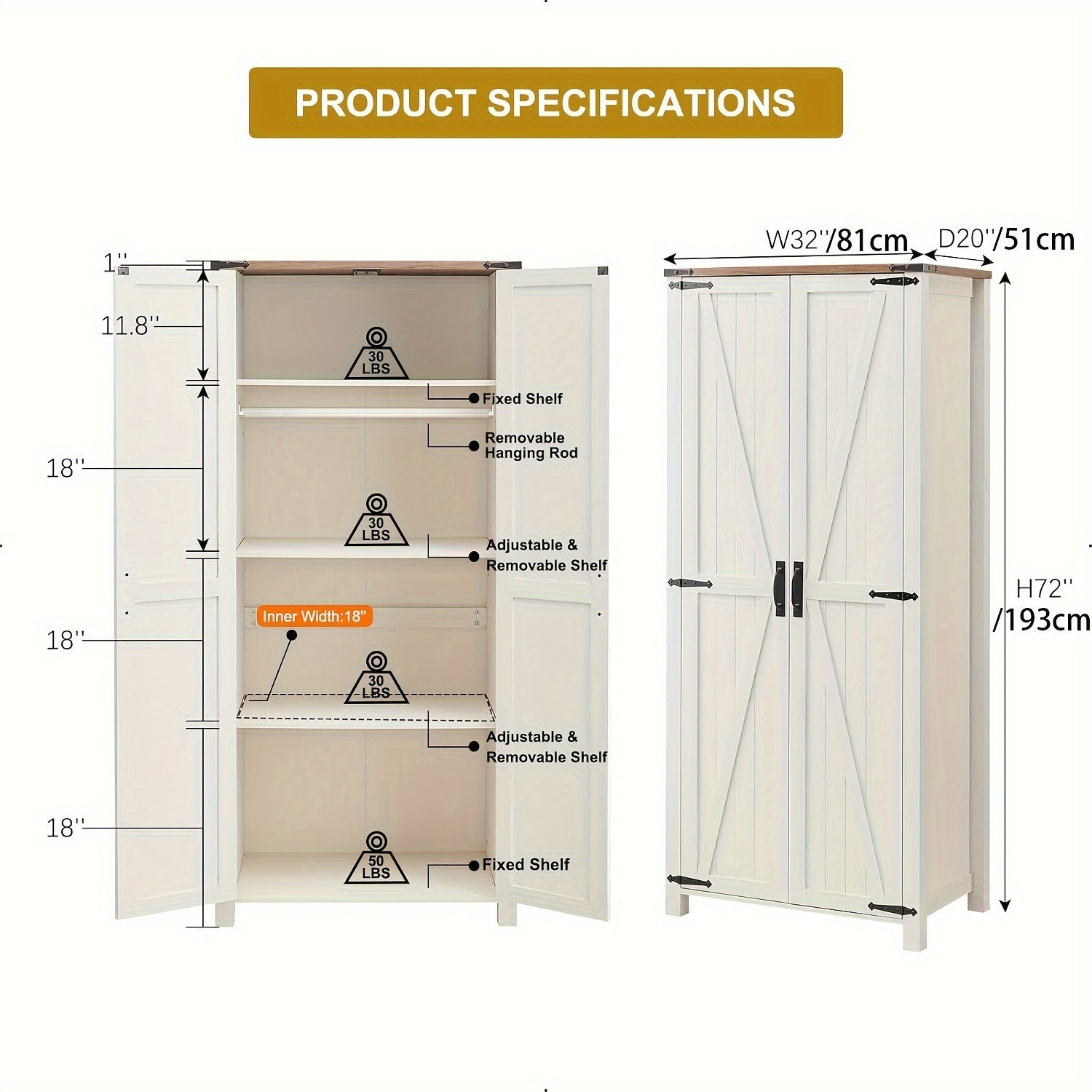 Storage Cabinet, 32'' Farmhouse Armoire W/Adjustable Shelves, Rustic Pantry W/2 Barn Doors & Hanging Rod, Versatile Storage For Kitchen, Bathroom, Laundry, Or Utility Room