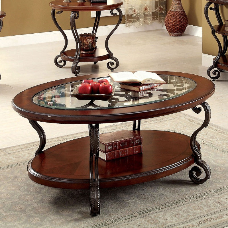 Elegant Brown Cherry Coffee Table with Glass Top and Open Bottom Shelf - Traditional Style Living Room Furniture