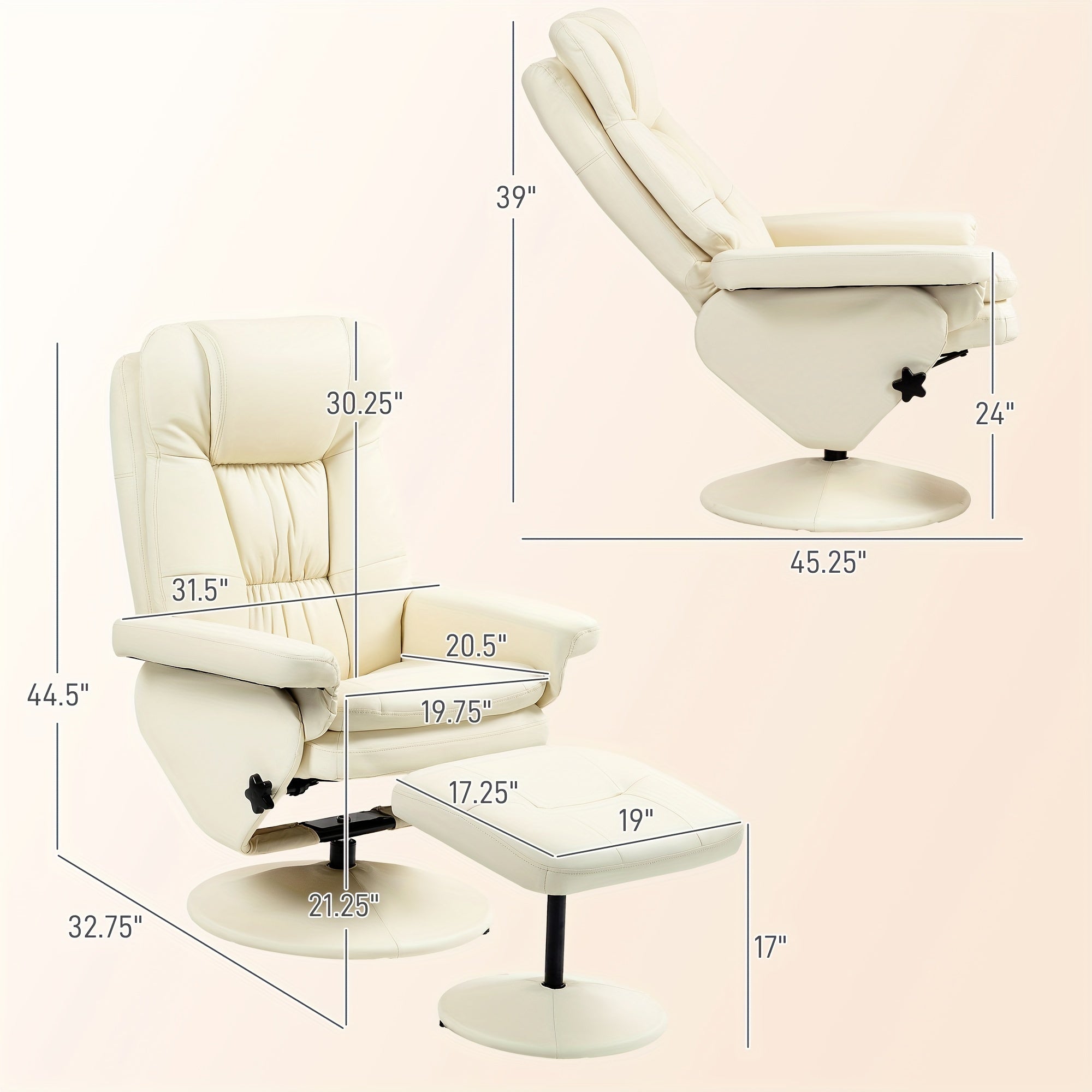 Swivel Recliner With Ottoman, PU Leather Reclining Chair With Ottoman, Upholstered Recliner And Footrest With Wrapped Base For Living Room, Bedroom And Home Office, Cream White