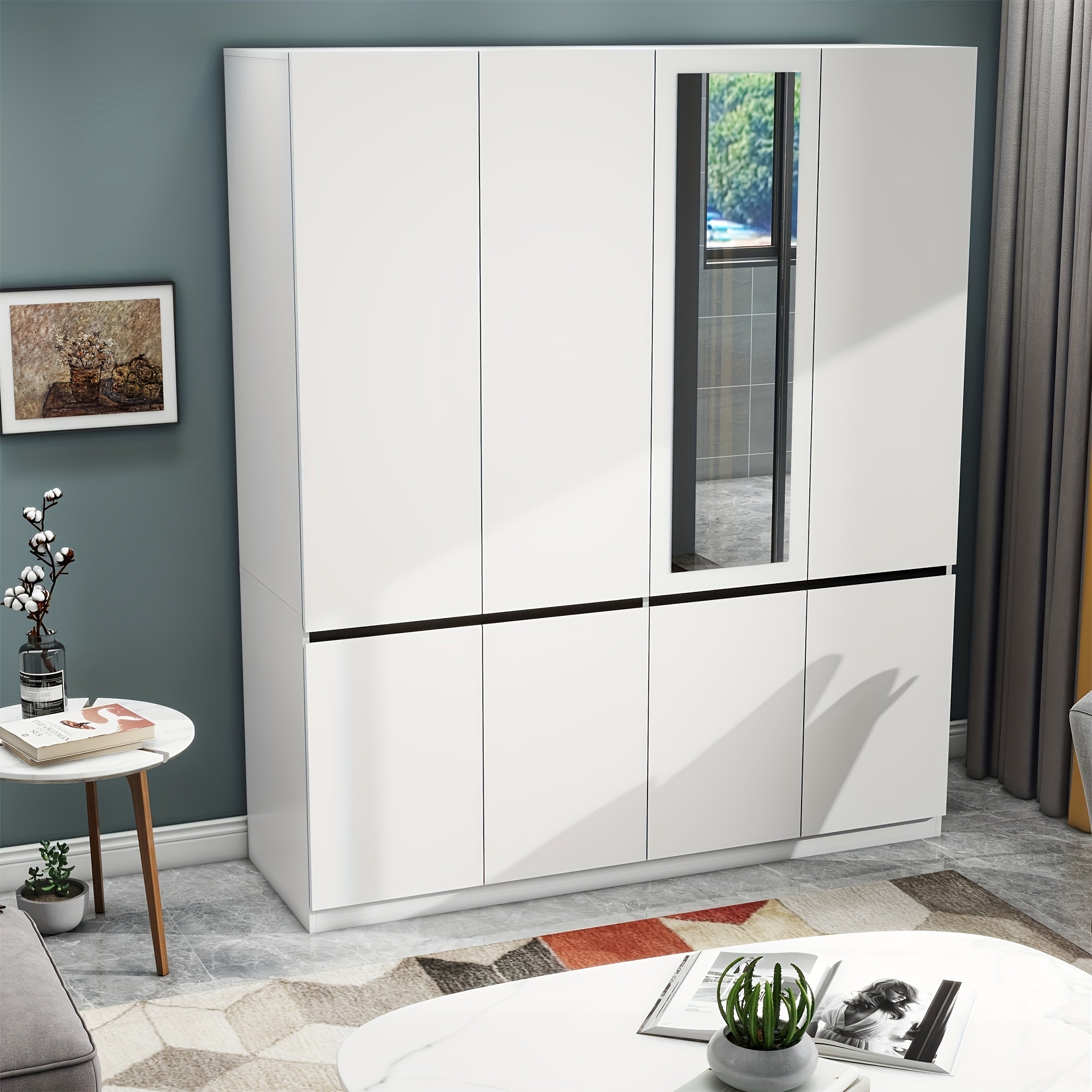 74’’H Wooden Armoire Wardrobe Closet - 4 Doors Closet Cabinet With Hanging Rod & Shelf For Bedroom Storage - White
