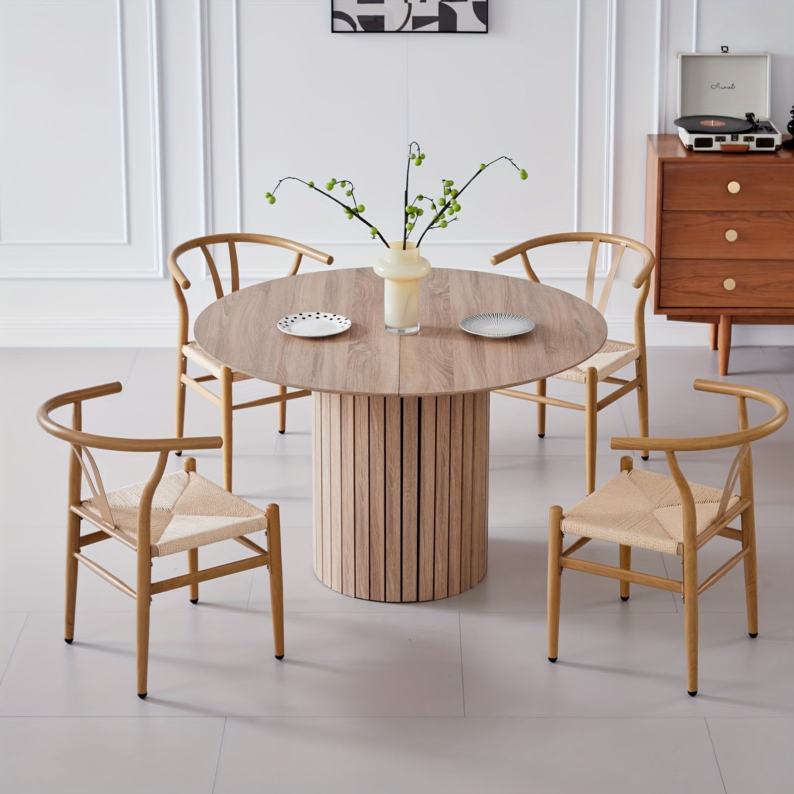 4pcs Set Mid-Century Modern Wishbone Dining Chairs - Rattan Weave with Bone Cane Back, Natural Finish, Sturdy Metal Frame for Kitchen, Living Room & Outdoor Use