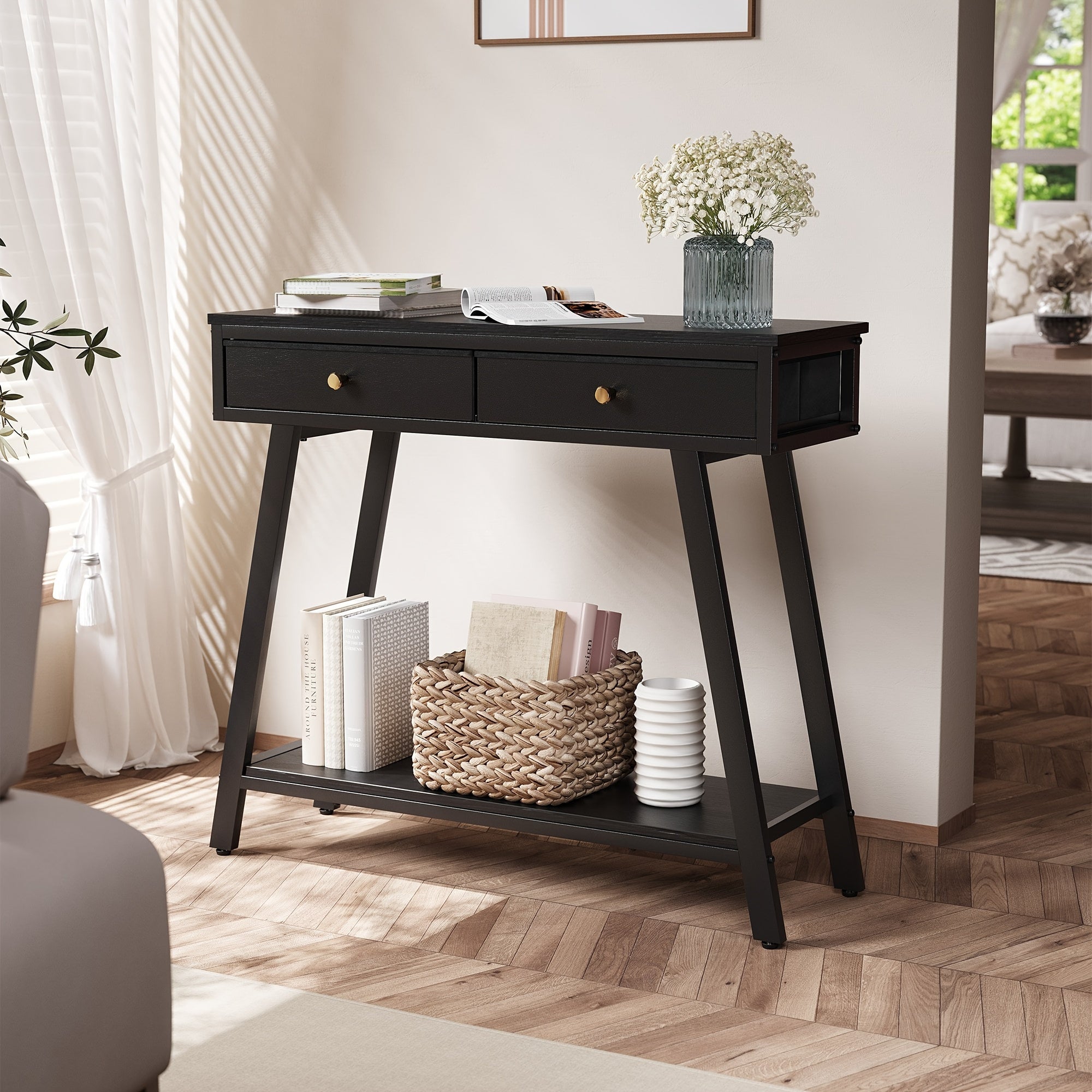 1pc Black 2-Tier Entryway Side Table, 2-Drawer Console Table