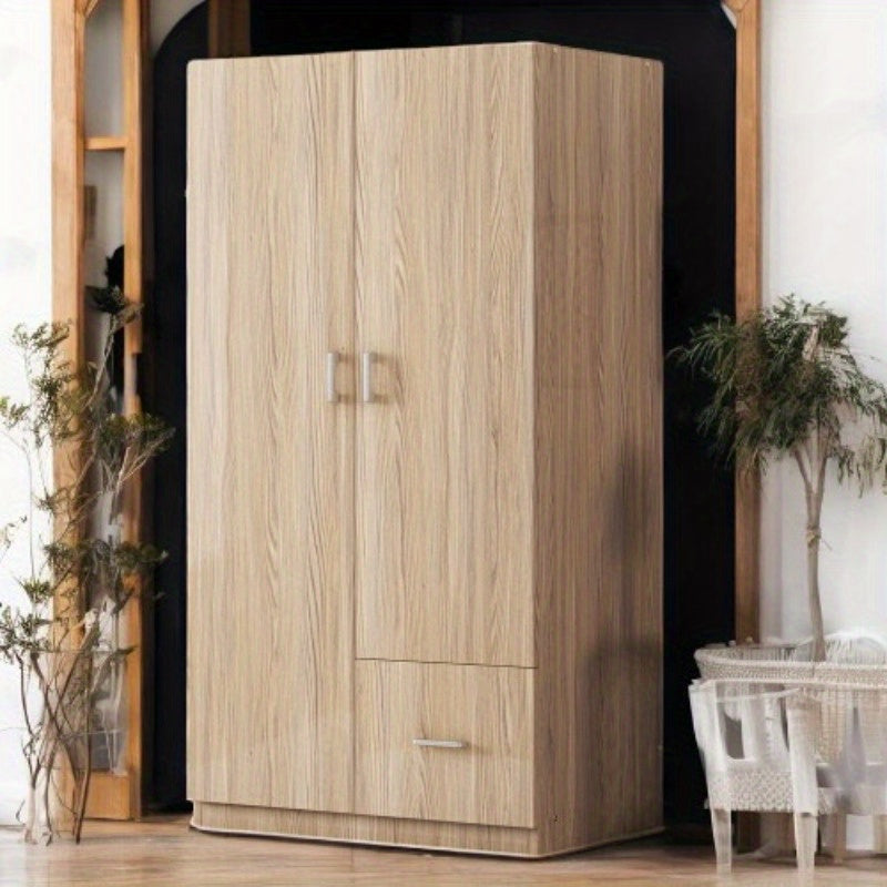 Double-Door Wardrobe with Hanging Rod 5 Fixed Shelves And 1 Storage Drawer for Ample Storage in Natural Finish