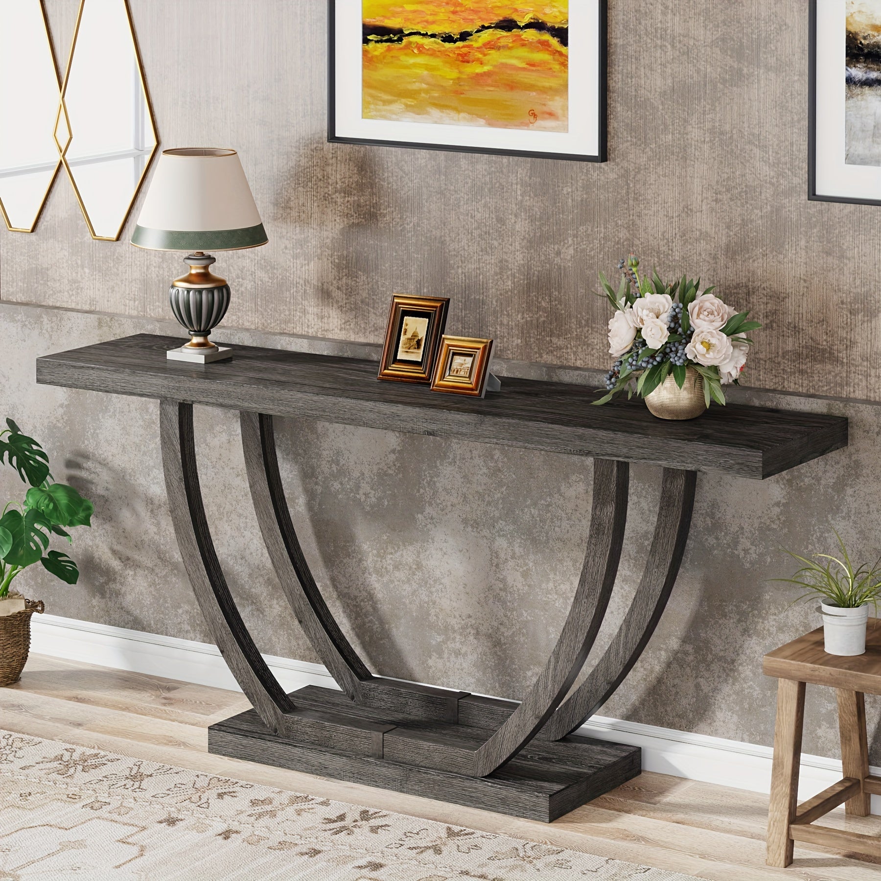 63 Inches Farmhouse Console Table For Entryway, Wood Entry Foyer Table For Entrance, Narrow Long Sofa Table Behind Couch With Metal Legs For Living Room