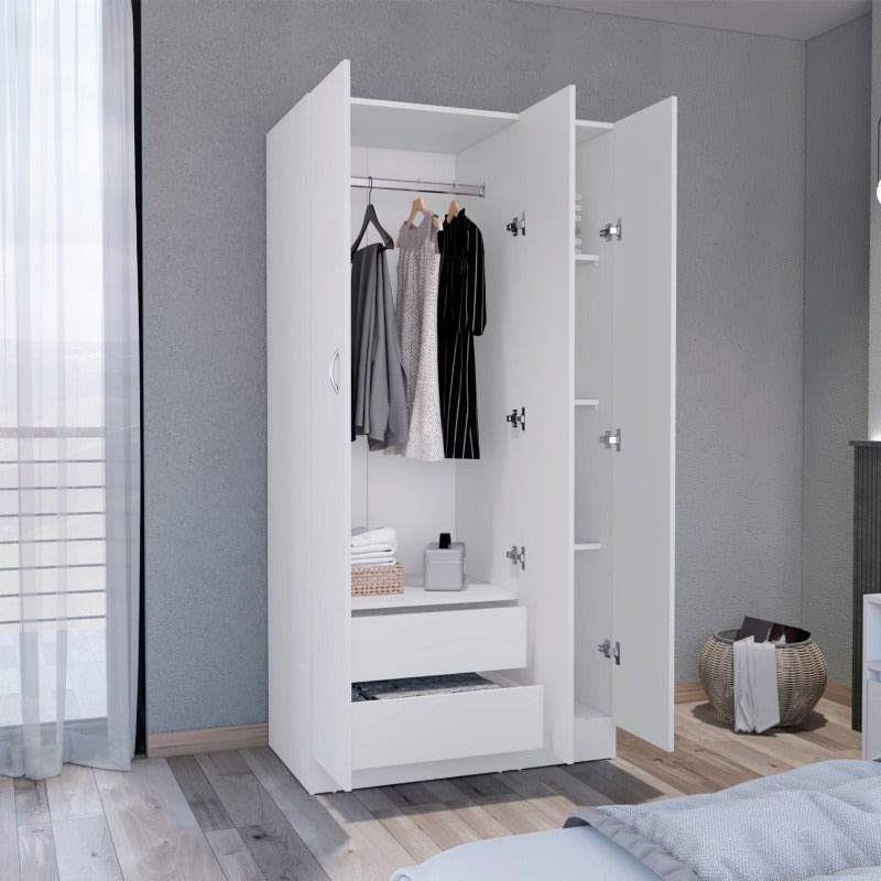 White 71" Tall Wardrobe Armoire with 3 Doors & 2 Drawers - Spacious, Sturdy Metal Construction for Easy Assembly, Versatile Use