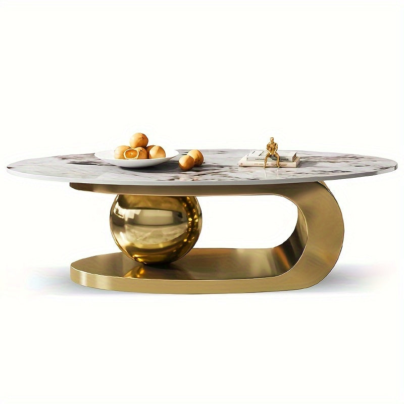 Exquisite Modern Oval Stone Coffee Table With Abstract Gold Gray Metal Base - Perfect Centerpiece For Stylish Living Rooms-Gold Gray 51" Lx27.6 Wx16.5 H.