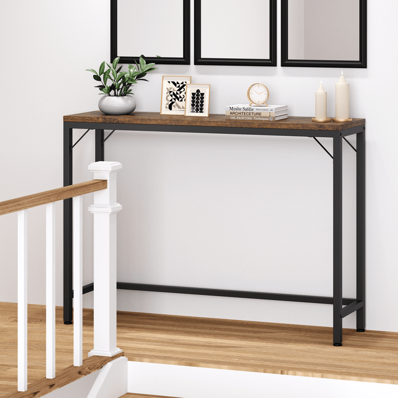 1pc Industrial Narrow Console Table, 39.4" Behind Couch Sofa End Table, Modern Hallway Storage for Entryway, Living Room, Bedroom - Slim Design with Metal Frame and Wooden Top, Console Table for Living Room