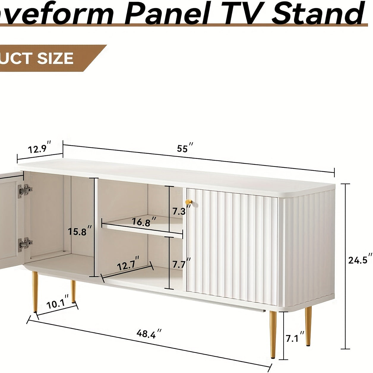 55" Fluted TV Stand - Mid-Century Modern White Entertainment Center with Golden Accents, Ample Storage for 55/60/65 Inch TVs, Ideal for Living Room & Bedroom Decor, TV Console, Media Console