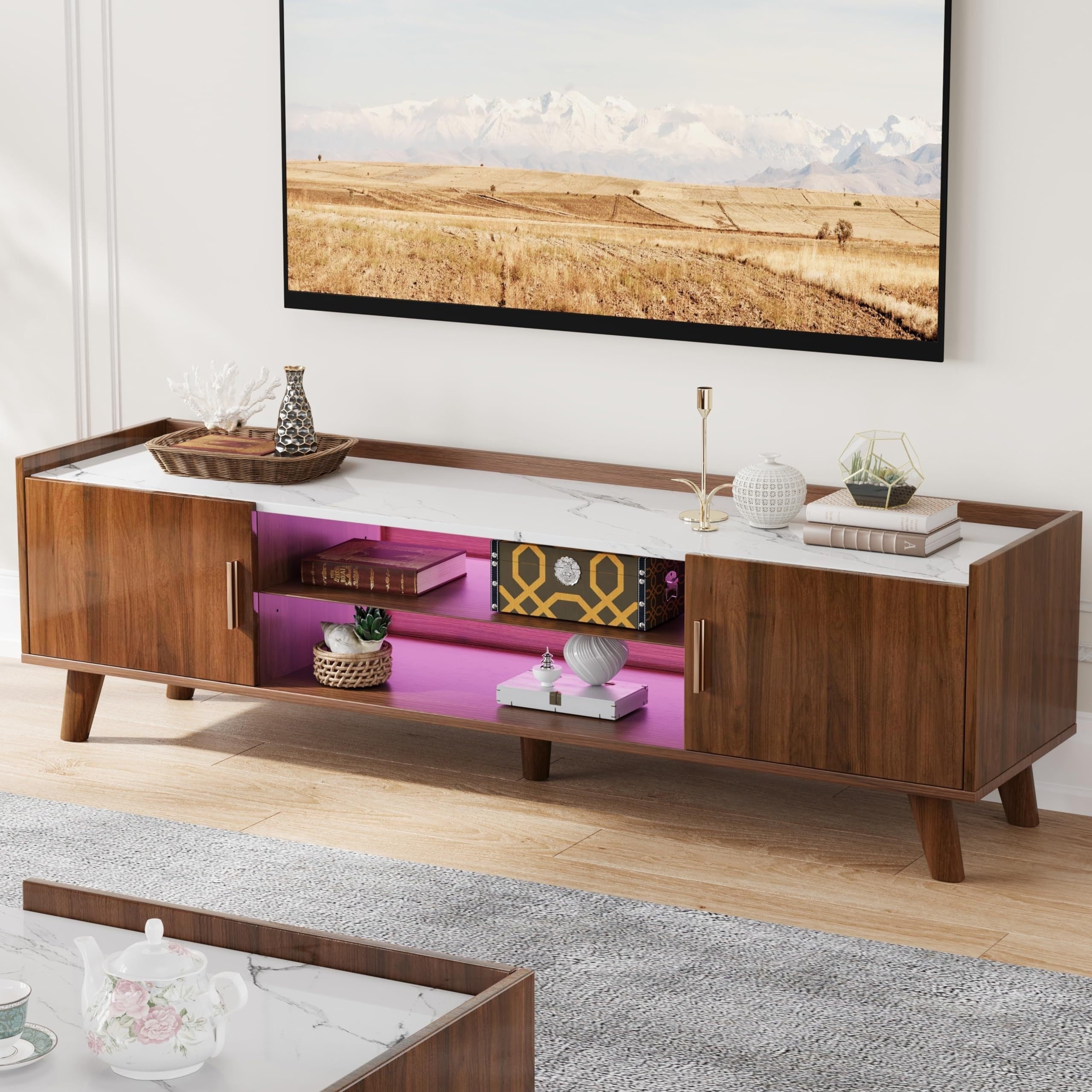 TV Stand With LED Lights For TVs Up To 65 Inch, Entertainment Center With Glass Shelves And Storage For Living Room, (Walnut Color And White Marble Color Top Plate)