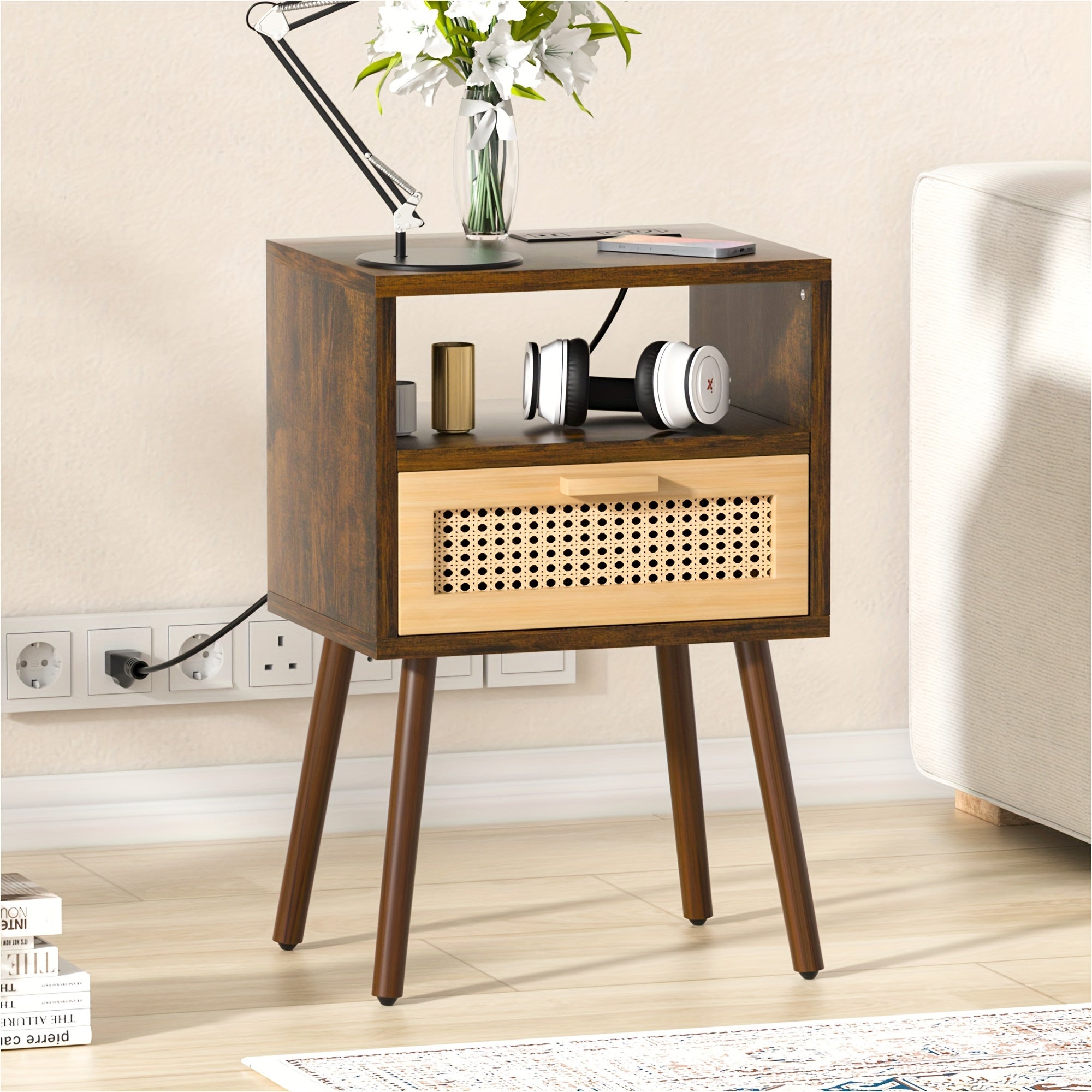 Rattan Nightstands End Side Table With Charging Station, Wooden Mid Century Modern Bedside Table With Storage Drawers For Bedroom Living Room