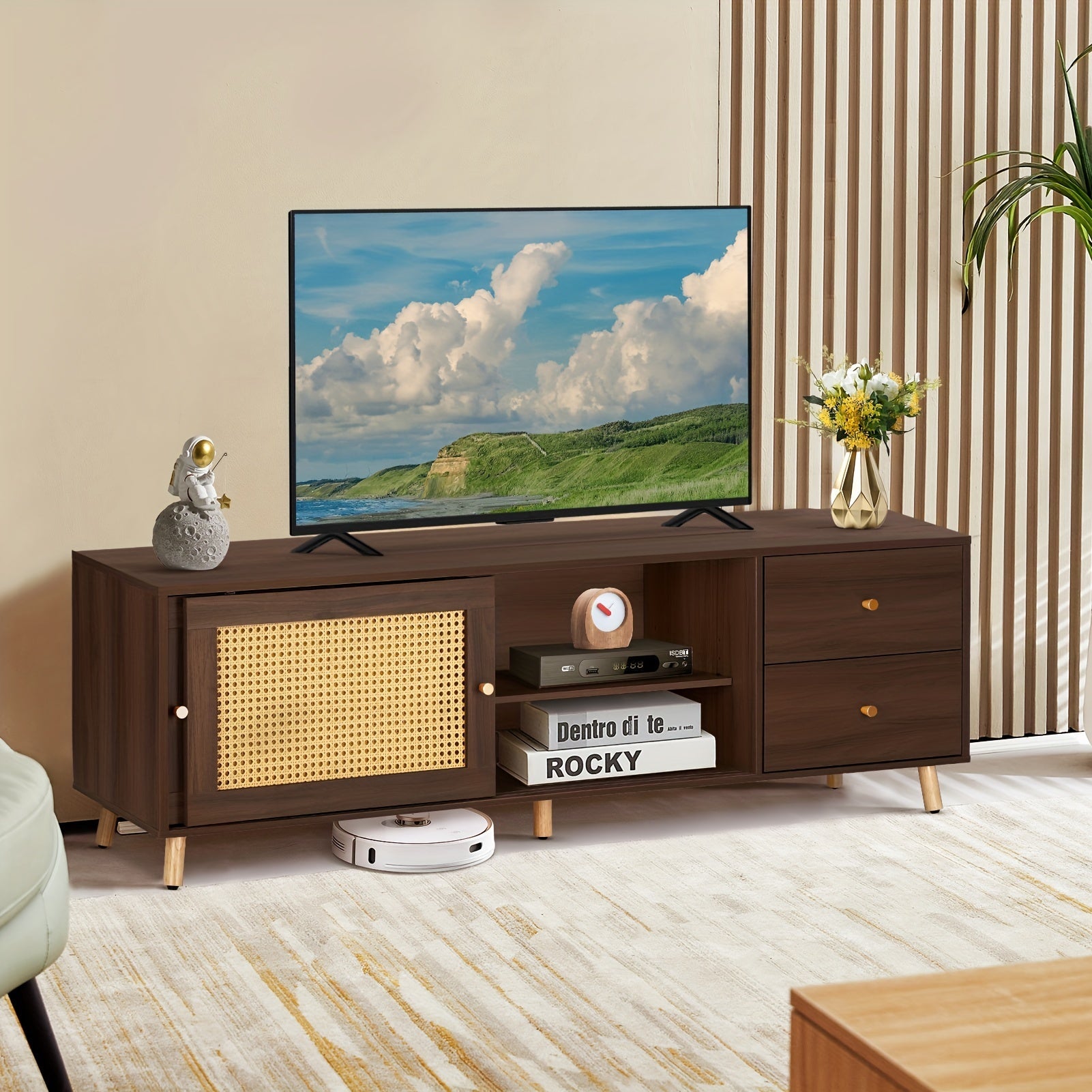 TV Stand for 50 55 60 65 inch TV, Entertainment Center with Adjustable Shelf, Rattan TV Console with 2 Cabinets & 2 Drawers, Media Console for Living Room, Bedroom, Natural