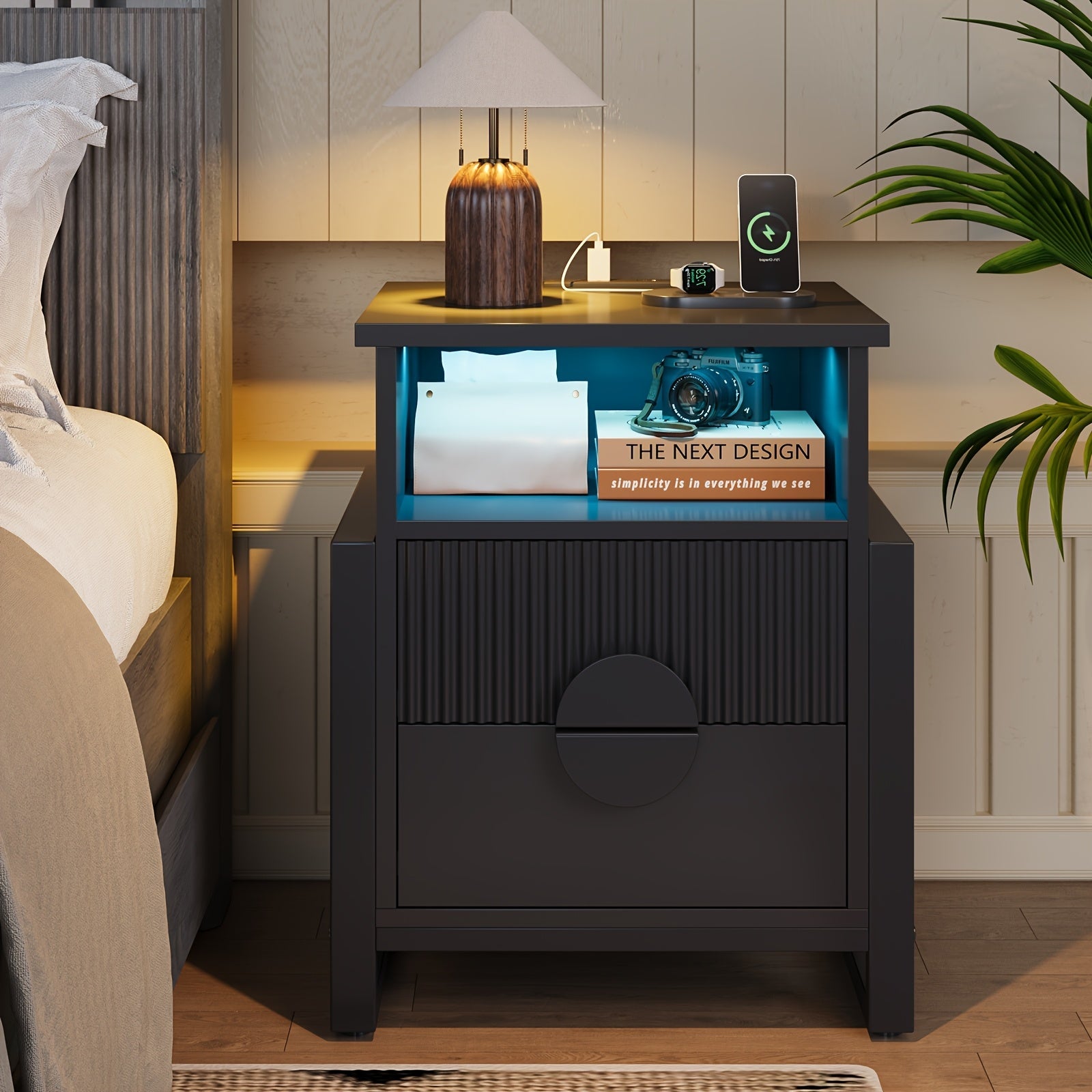 Bedside Table with Charging Station, Groove Bedside Table with LED Light and 2 Drawers, Modern Wooden Edge Table with Metal Frame Legs, 20.5" Wide x 15.8" Deep x 23.4" High