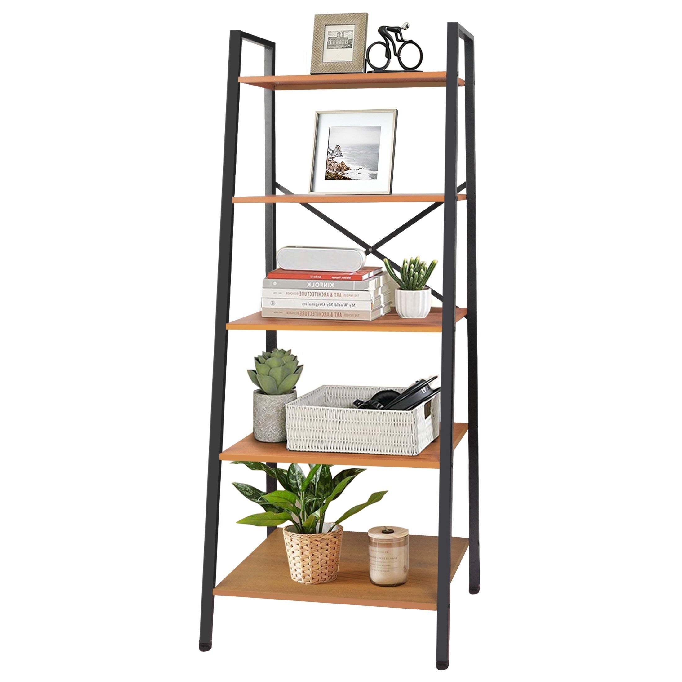 Ladder Shelf 5-Tier Free Standing Bookshelf With Adjustable Feet Metal Bookcase For Kitchen Bathroom Garage Small