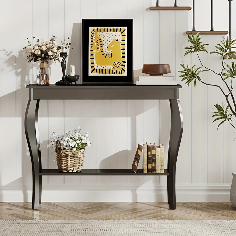 Farmhouse Console Sofa Table with S-Shape Wooden Legs, Chic Accent Narrow Console Table With Sturdy Frame And Open Shelf for Entryway, Living Room And Hallway, Space-Saving Design, Versatile and Easy to Assemble