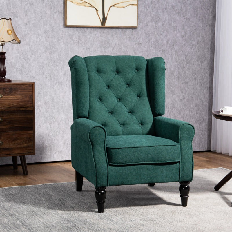 Button-Tufted Accent Chair with High Wingback, Rounded Cushioned Armrests and Thick Padded Seat, Dark Green