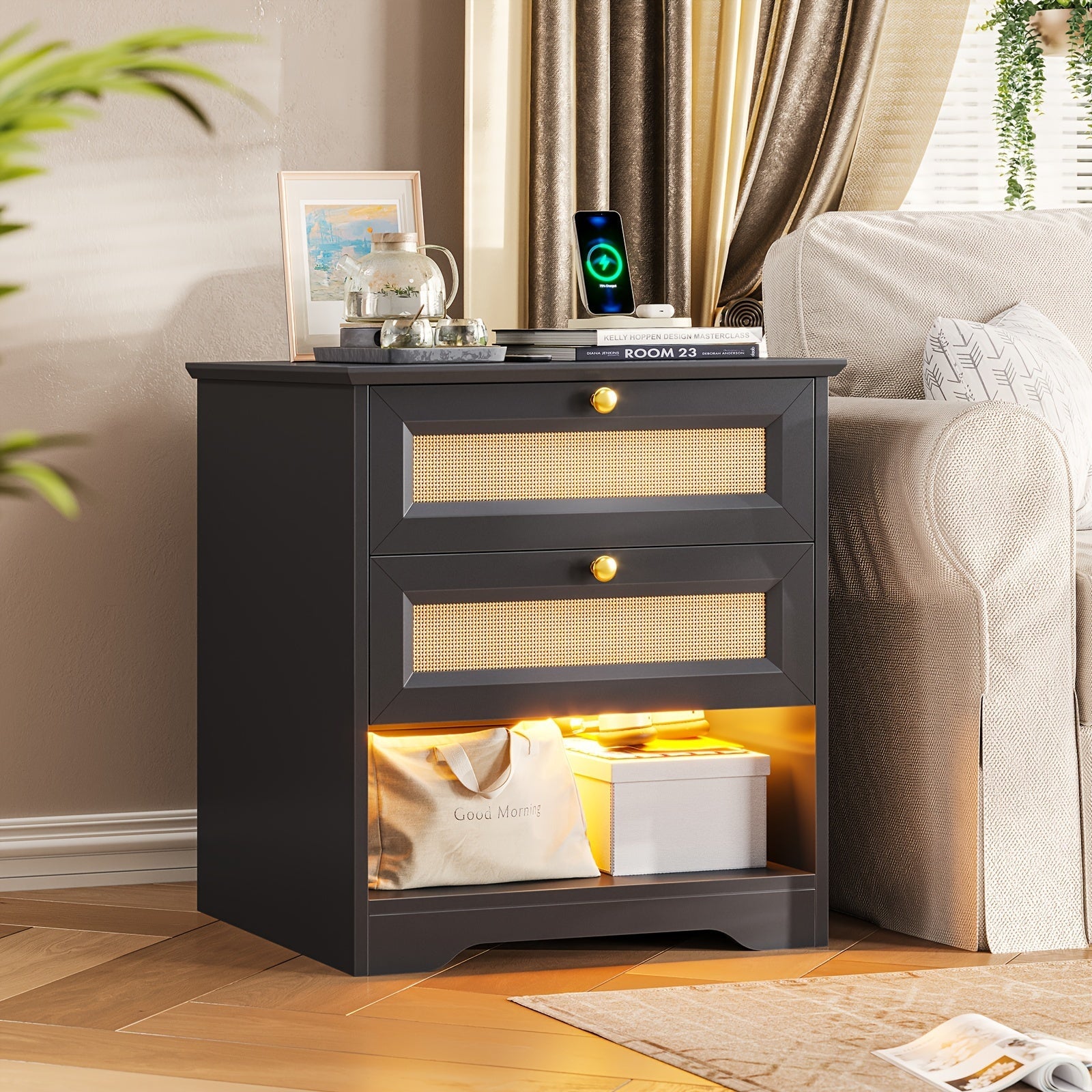 Chic Rattan Nightstand with 2 Drawers & LED Lights - Versatile Bedside Table in Natural or Black Finish