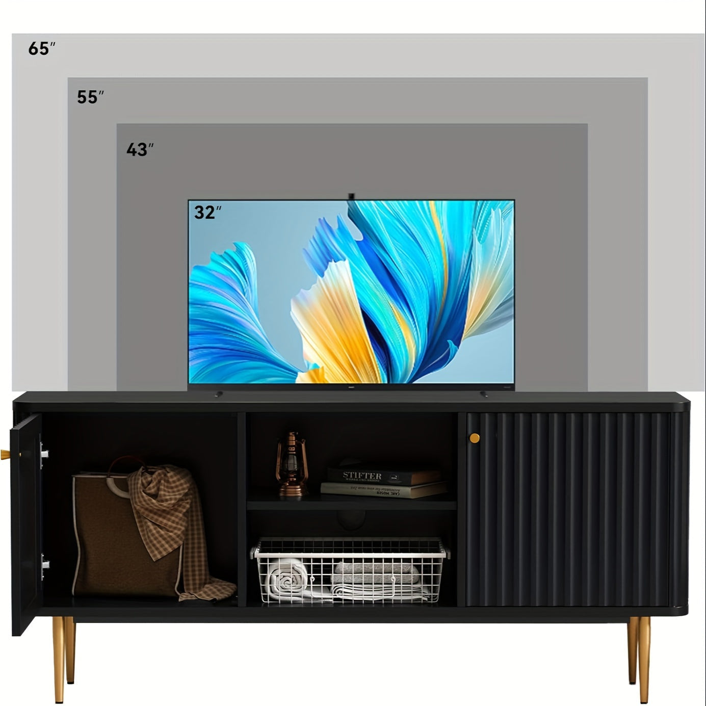 55" Fluted TV Stand - Mid-Century Modern White Entertainment Center with Golden Accents, Ample Storage for 55/60/65 Inch TVs, Ideal for Living Room & Bedroom Decor, TV Console, Media Console