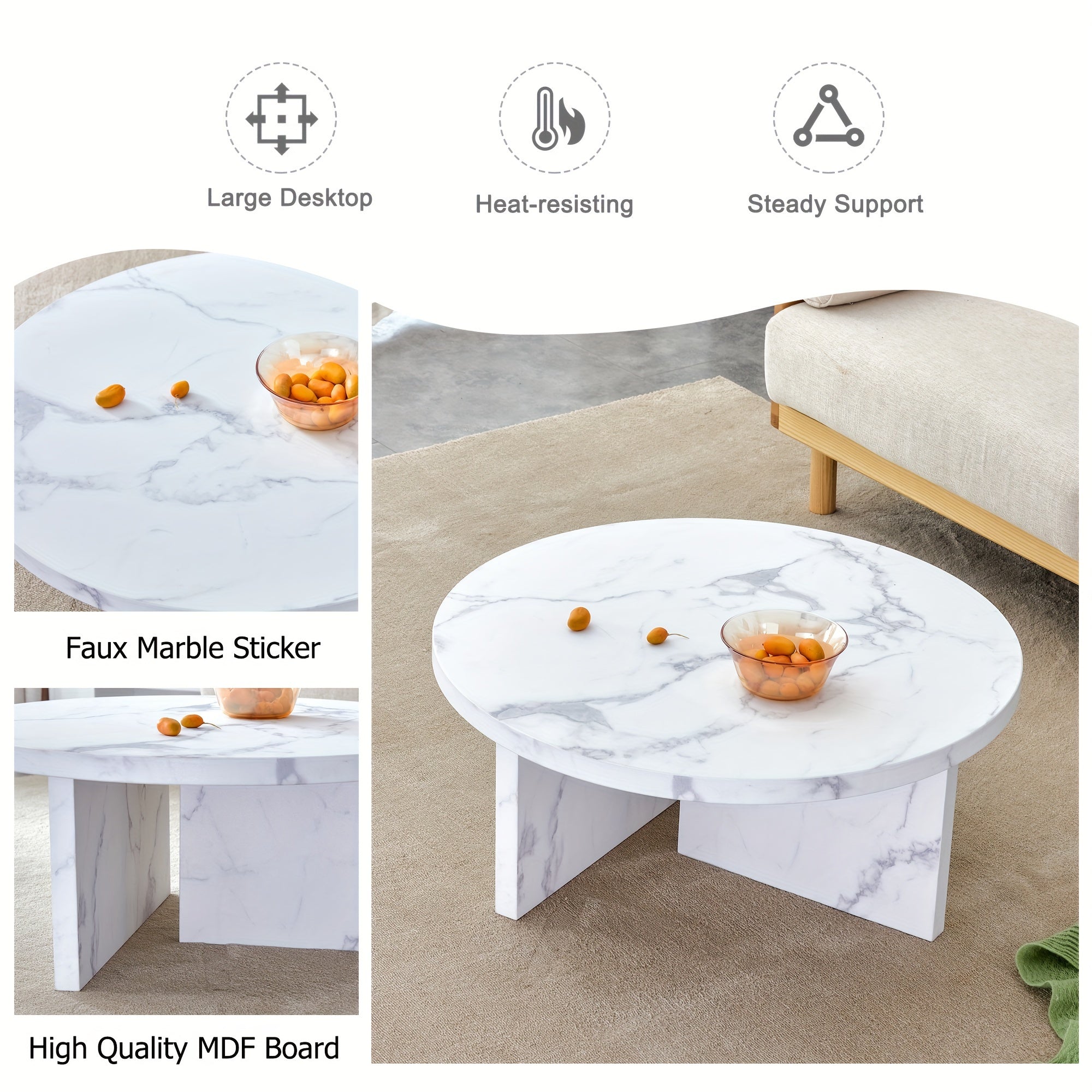 Modern Marble-Look Round Coffee Table For Living Room, Unique Circle Central Table, White Faux Marble Coffee Tables For Home Reception Office Waiting Area