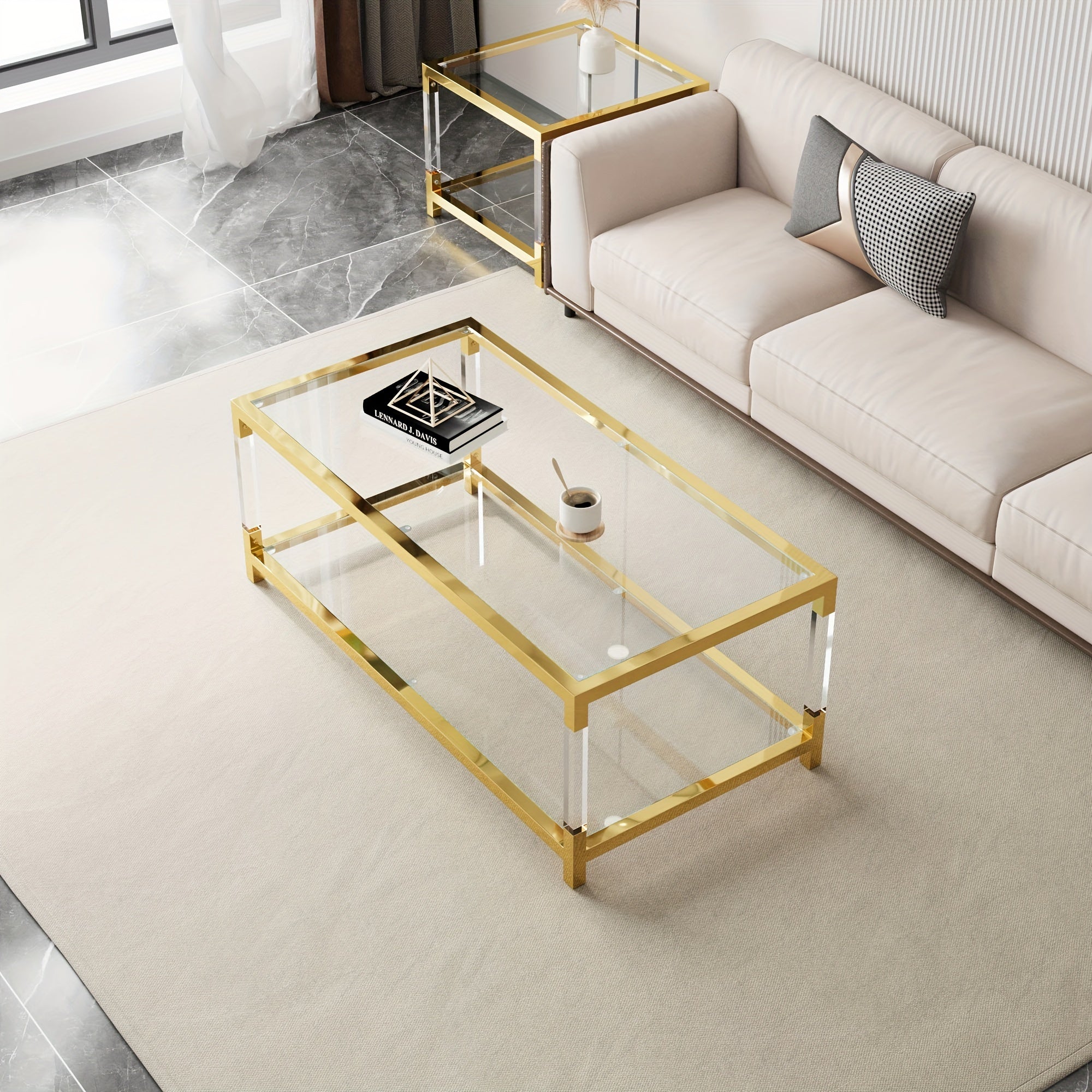 Modern Minimalist Style Coffee Table With High-quality Glass Tabletops, Gold Metal Frame And Transparent Acrylic Legs, Suitable For Living Room, Study, Office, Meeting Various Scene Needs.