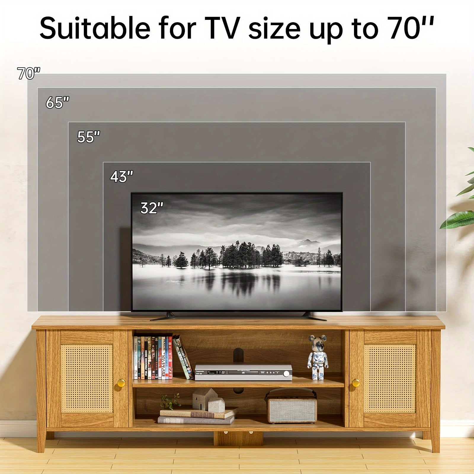 Rustic Farmhouse Style Rattan TV Stand for 65-70 inch TVs, Mid Century Wooden Entertainment Center Console with Storage, Open Shelving Design for Living Room and Bedroom