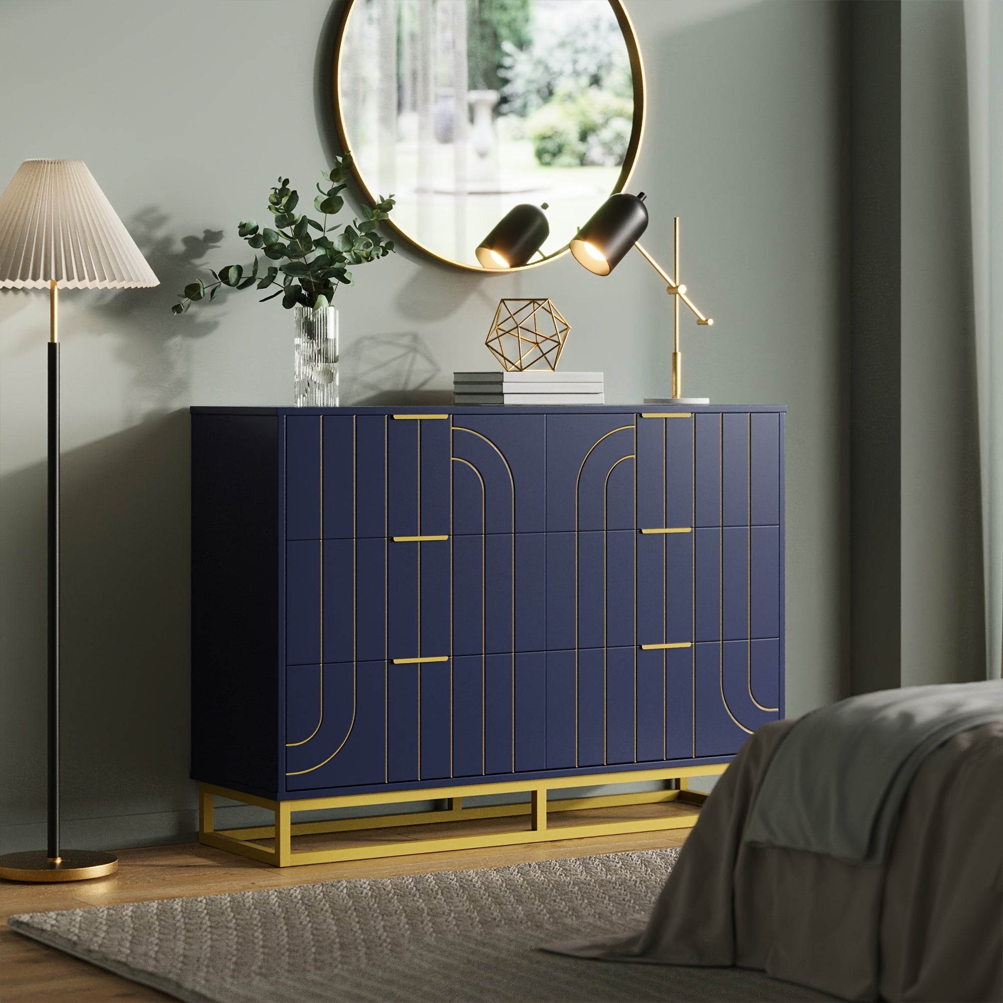 Elegant 48" Dark Blue & Golden Modern Wooden Dresser - Versatile File Storage Cabinet with 6 Drawers, Easy Assembly, Durable Construction for Bedroom, Living Room & Office - Ideal Housewarming Gift for Home Decor Enthusiasts,