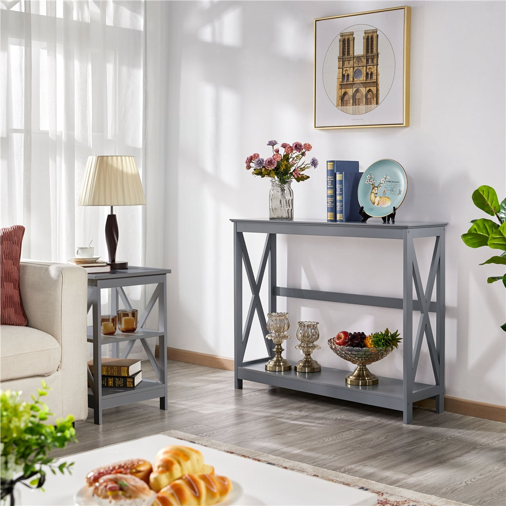 Costoffs Narrow Wood Entryway Table 2 Tier Console Table for Entryway X-Design Bookshelf Accent Table w/Storage Shelf for Living Room Entry Hall Foyer